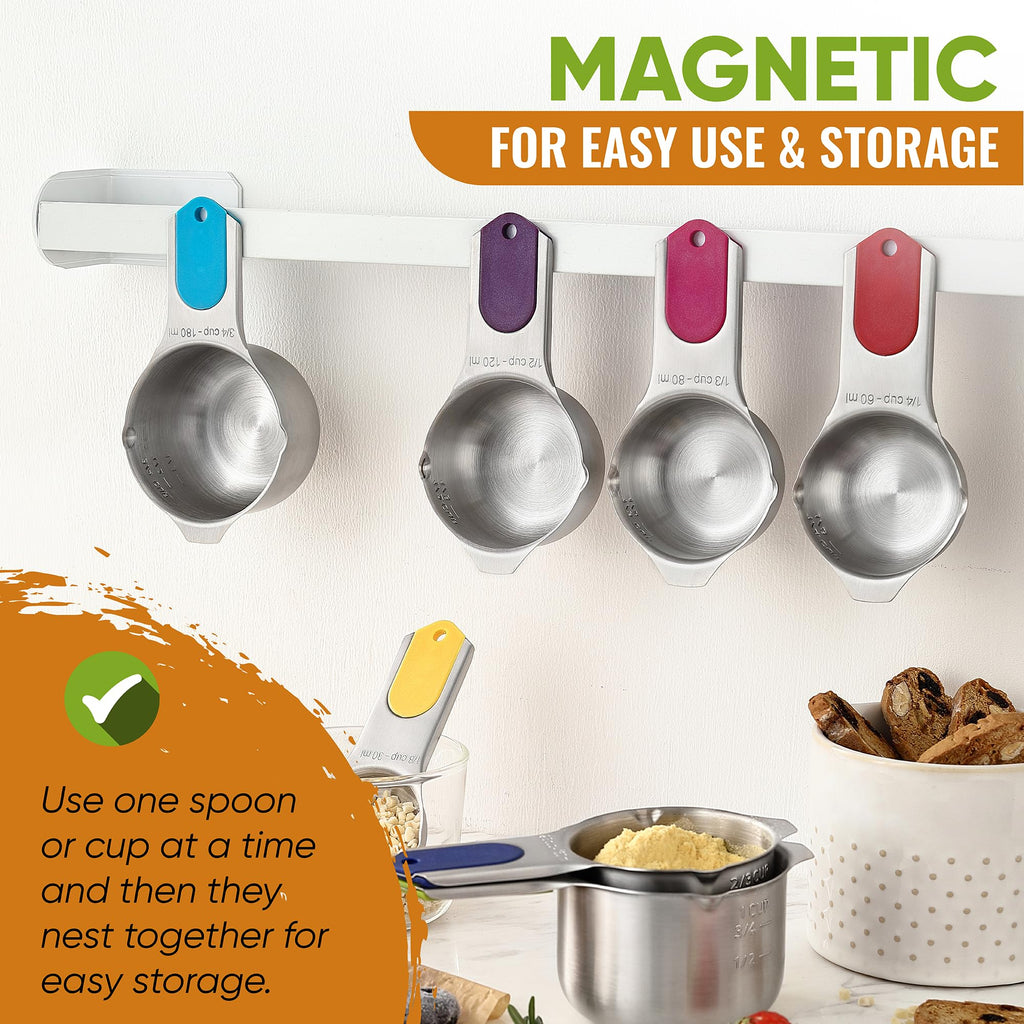 Spring Chef Magnetic Measuring Cups & Spoons Set, Patented, Strong N45 Magnets, Heavy Duty Stainless Steel Fits in Spice Jars for Baking & Cooking, BPA Free, Round Set of 15 with Leveler, Black