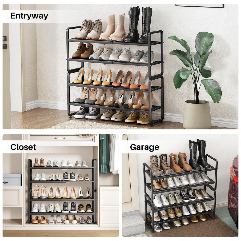 SNTD Shoe Rack - Expandable Shoe Organizer for Closet, Adjustable Metal Shoe Shelf Storage, Stackable Long Shoe Stand Holder for Garage, Entryway, Door Entrance (Black, 2-Tier)