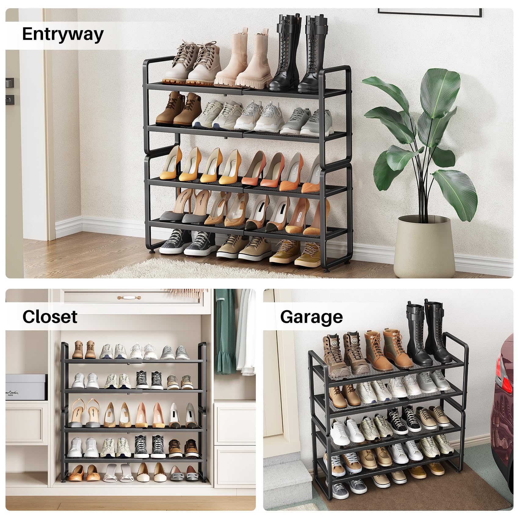SNTD Shoe Rack - Expandable Shoe Organizer for Closet, Adjustable Metal Shoe Shelf Storage, Stackable Long Shoe Stand Holder for Garage, Entryway, Door Entrance (Black, 2-Tier)