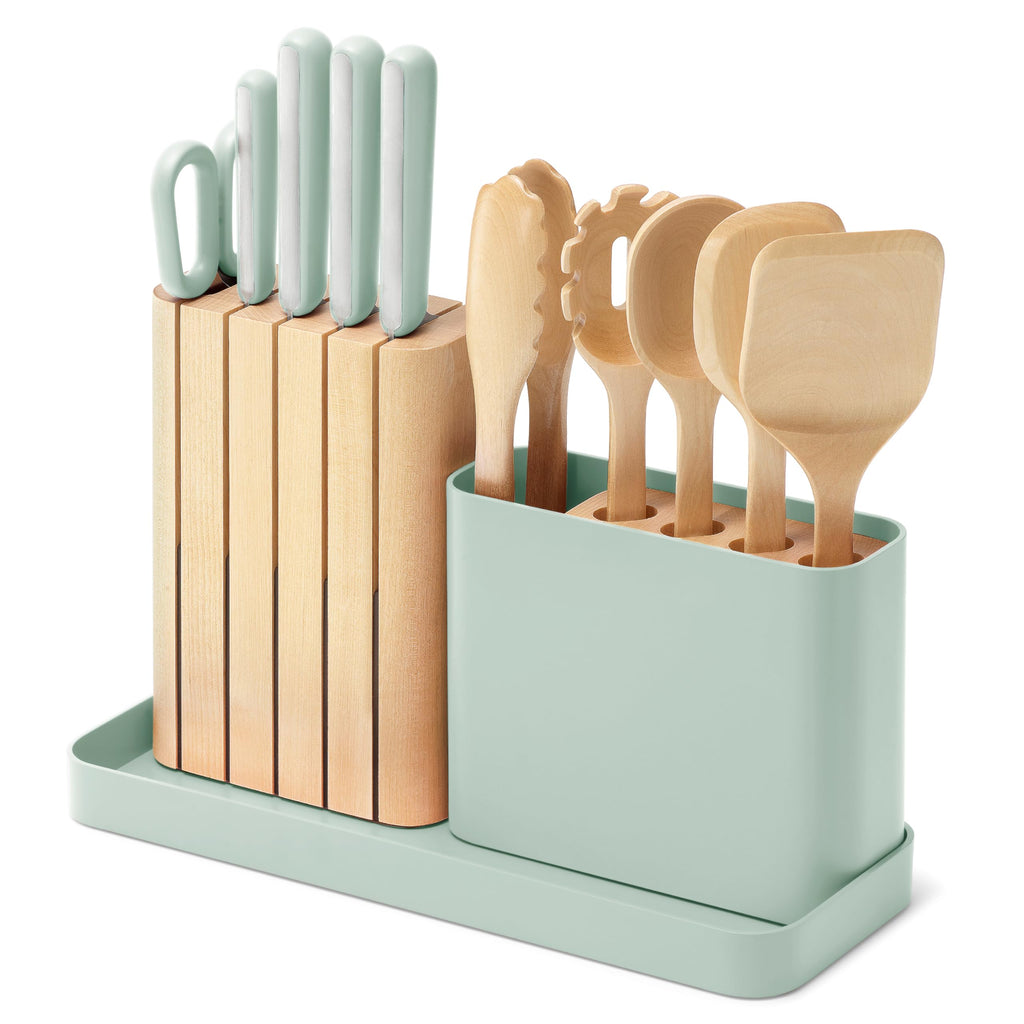 Caraway 14-Piece Kitchen Prep Set - Kitchen Knife Set & Wooden Utensil Set - Made With Premium German Steel Blades & FSC-Certified Birch Wood - Non-Toxic Materials - Includes Organizer - Cream