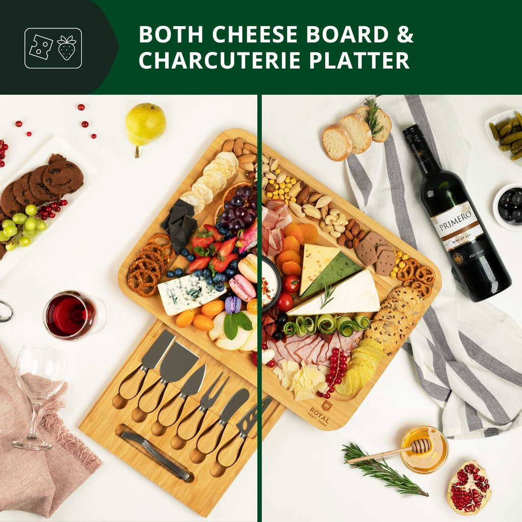 ROYAL CRAFT WOOD Premium Bamboo Charcuterie Board Set - Cheese Platter & Serving Tray & Serving Utensils - Perfect Housewarming Gift, Wedding, Bridal Shower Gift - Ideal for Entertaining and New Home