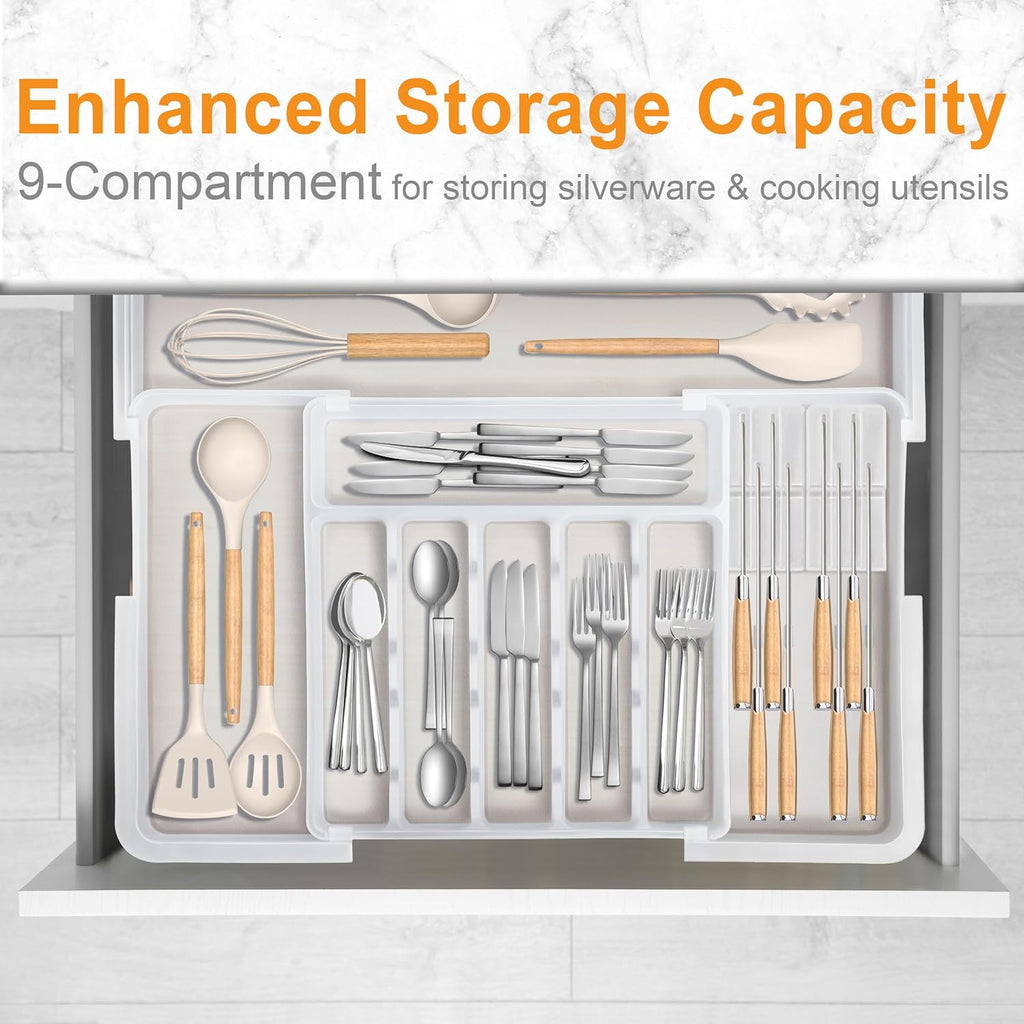Homecor Silverware Organizer- Expandable Kitchen Drawer Organizer Utensil Holder White