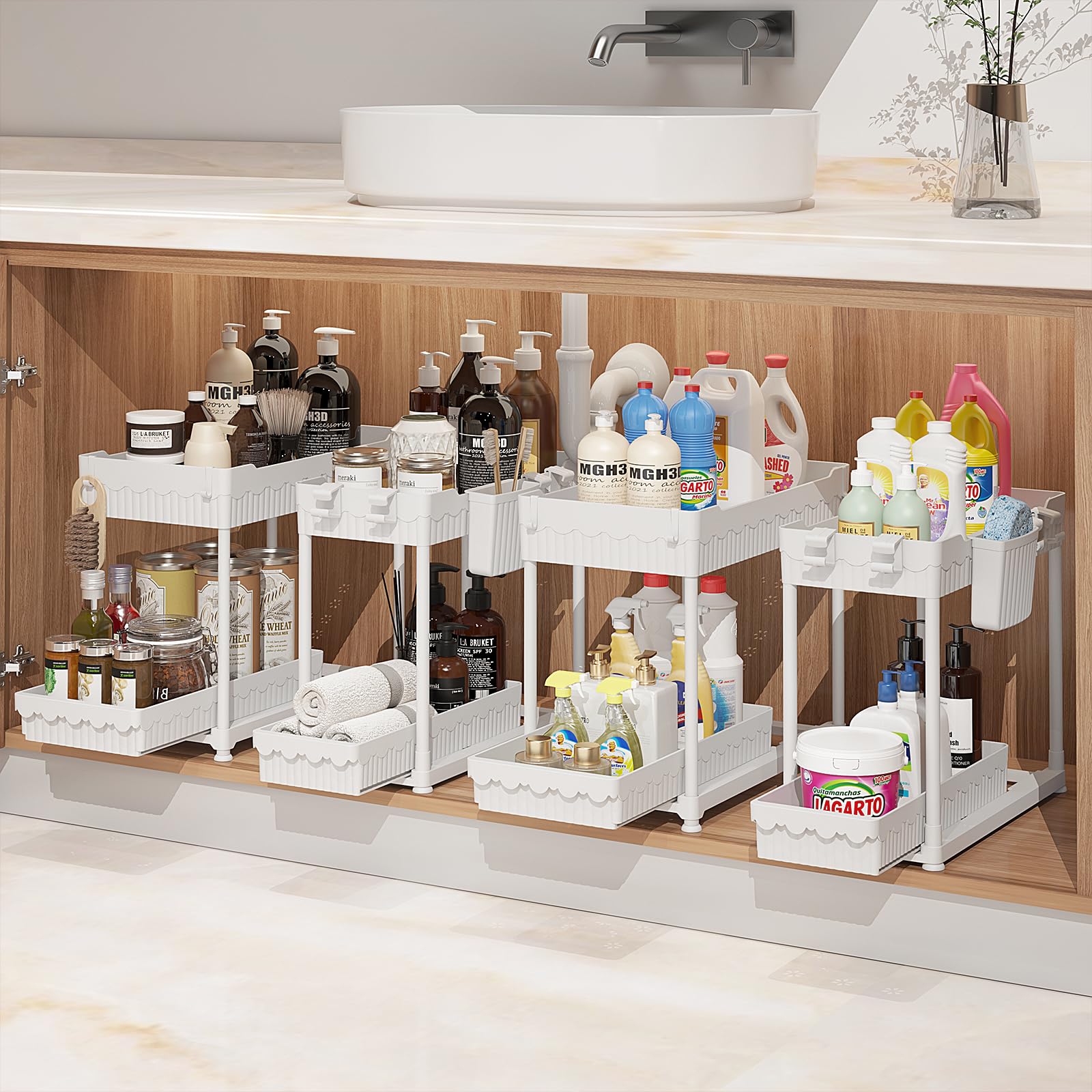 4 Pack Under Sink Organizer, Bathroom Organizers and Storage, 2 Tier Multi-Use Pull Out Cabinet Organizer with Hang Hooks and Cups (Black, 4 Pack)