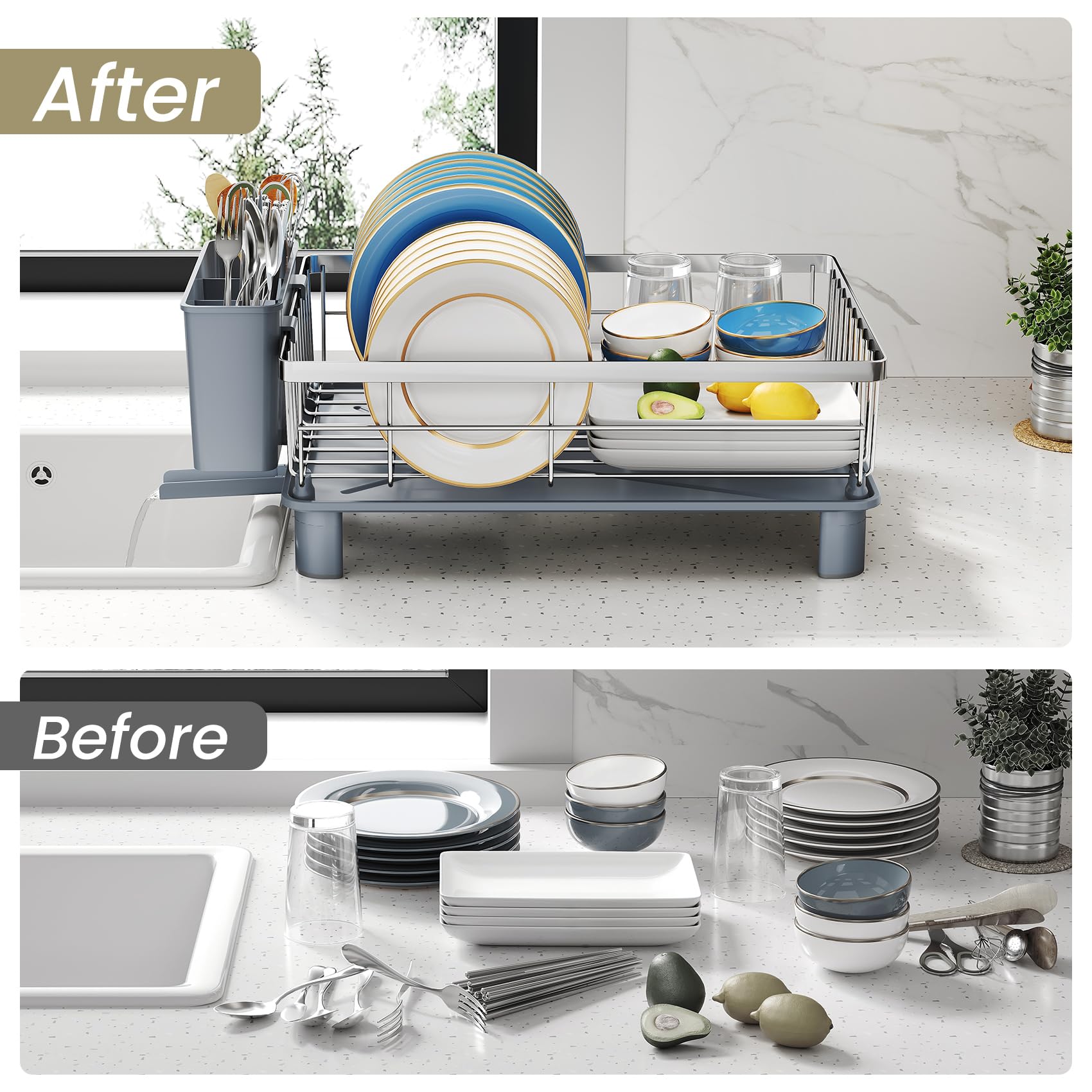 SNTD Dish Drying Rack - Small Dish Rack for Kitchen Counter, Stainless Steel Dish Drainer with Utensil Holder and Drainboard, 11" W x 15" L (Black)