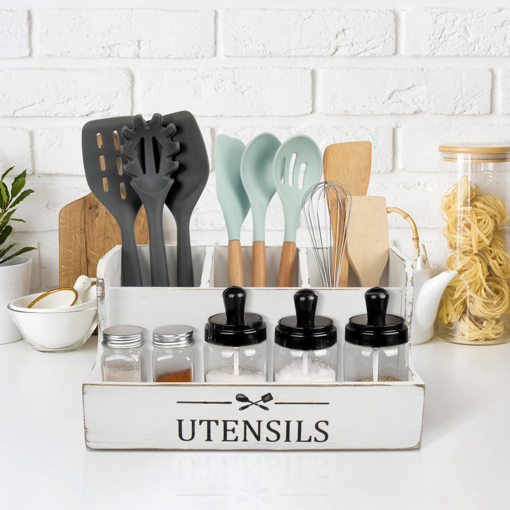 RedCall Extra Large Kitchen Utensils Holder 4 Compartments,Wood Utensil Organizer for Kitchen Countertop,Farmhouse Cooking Utensil Holder with Spice Storage space (Black)