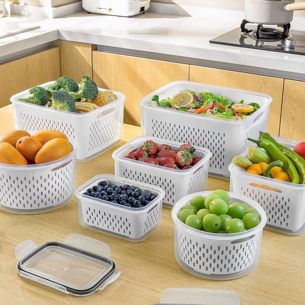 4 PCS Fruit storage Containers for Fridge with Removable Colander and Chopper Set, Leakproof Food Storage Containers with lids, Dishwasher & Microwave Safe Produce Containers to Keep Fruits Fresh ﻿