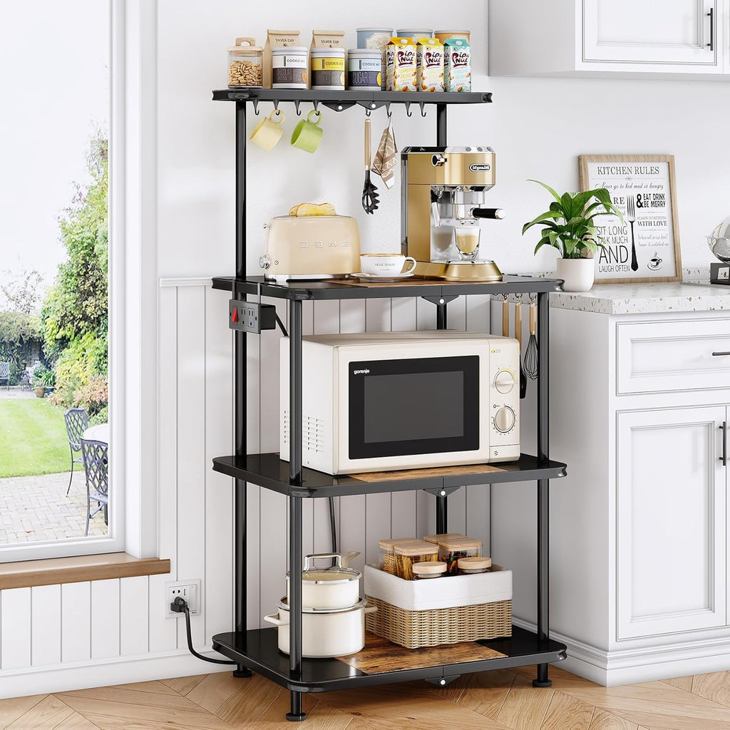 SNTD Kitchen Bakers Rack with Power Outlet - Easy & Tool-Free Assembly, Adjustable Coffee Bar Station 4 Tiers, Microwave Stand with 12 Hooks, Brown