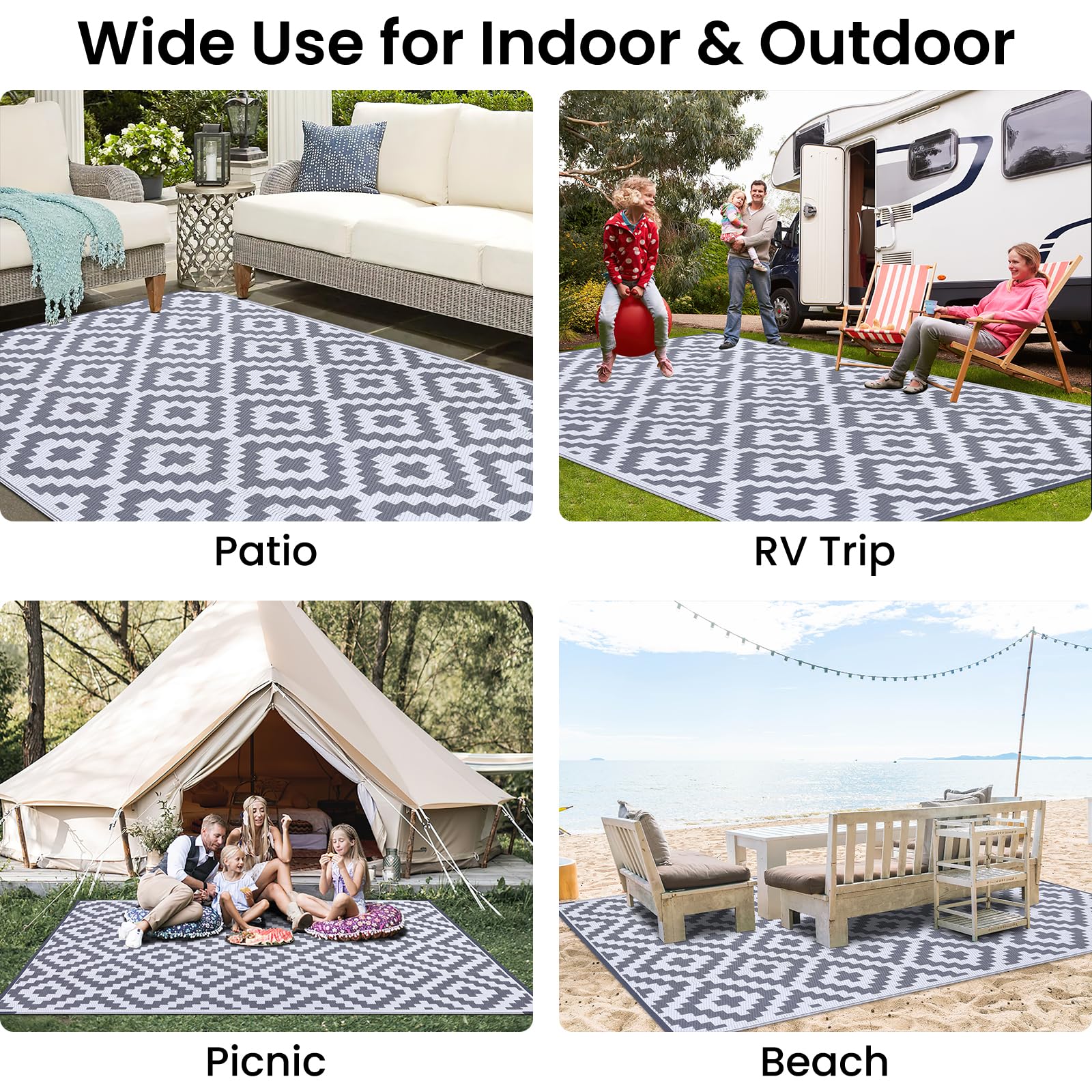 Smiry Waterproof Outdoor Rug 5x8 ft, Reversible Plastic Straw Patio Camping Rugs, Outdoor Indoor RV Mat Carpet for Patio, Outside Entry, Backyard, Deck, Bench, Picnic, Camper, Black & Beige