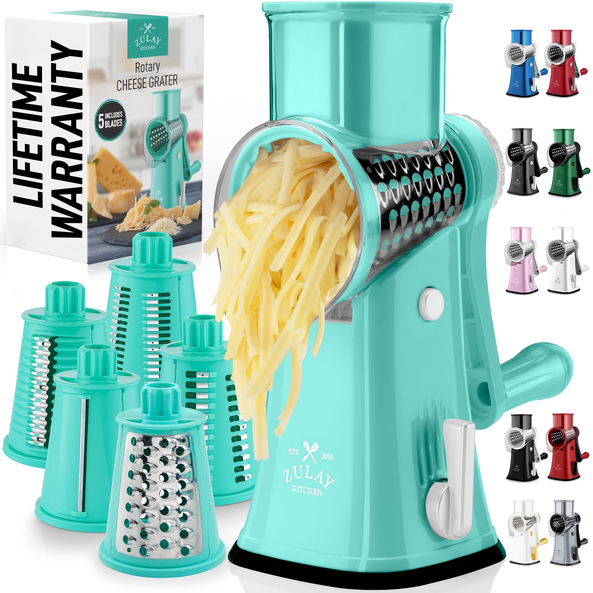 Zulay Kitchen Rotary Cheese Grater 5 Blade Cheese Shredder - Manual Hand Crank Cheese Grater With Reinforced Suction & 5 Interchangeable Drums - Easy to Use, Vegetable Chopper Round Mandoline Slicer