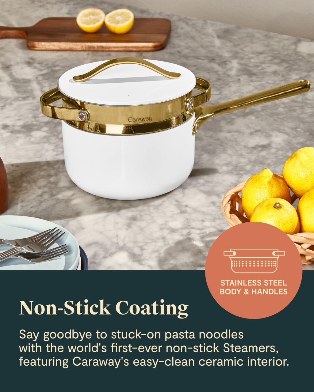 Caraway Steamer - Stainless Steel Steamer with Handles - Non Stick, Non Toxic Coating - Steam Veggies, Seafood, and More - Compatible With Our Dutch Oven or Sauce Pan - Small
