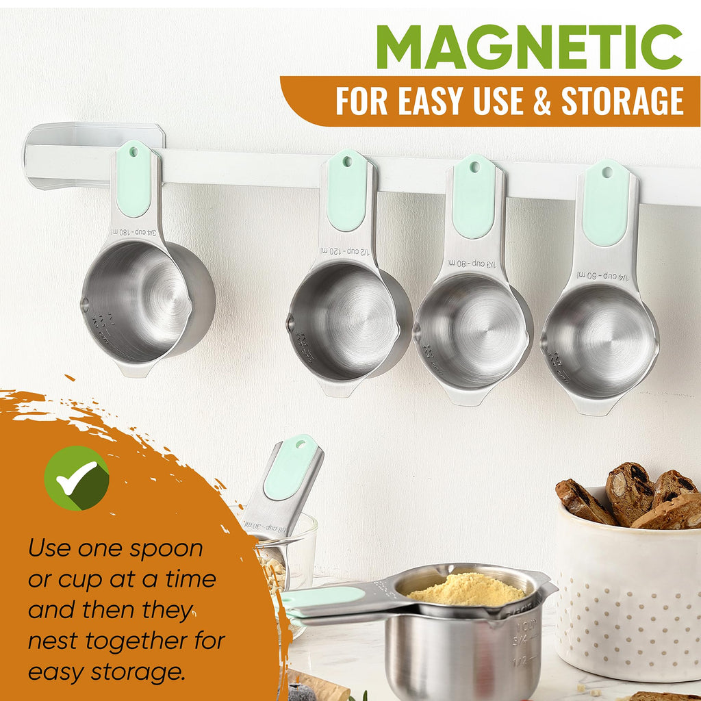 Spring Chef Magnetic Measuring Cups & Spoons Set, Patented, Strong N45 Magnets, Heavy Duty Stainless Steel Fits in Spice Jars for Baking & Cooking, BPA Free, Round Set of 15 with Leveler, Black
