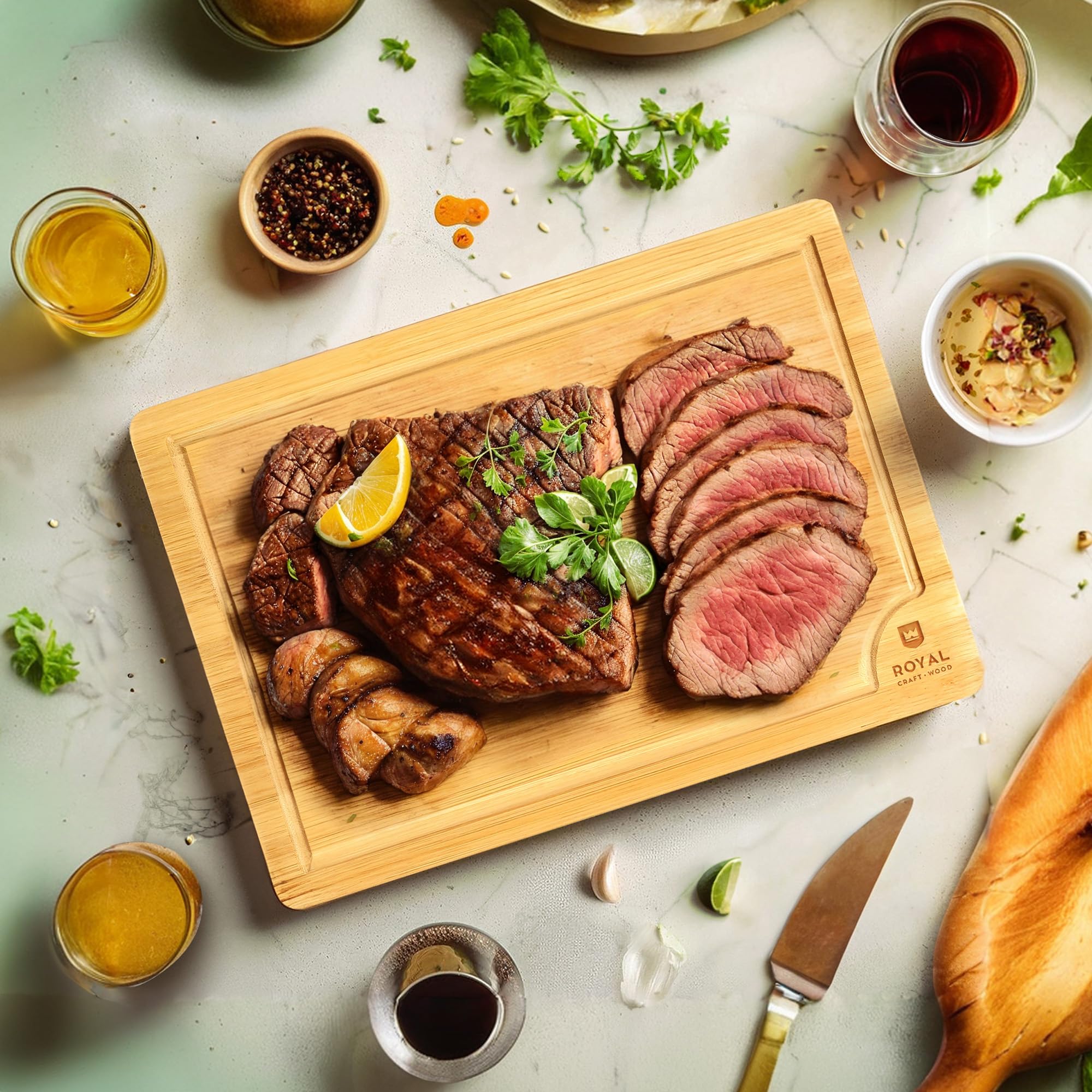 ROYAL CRAFT WOOD Organic Bamboo Cutting Board with Juice Groove - Kitchen Chopping Board for Meat (Butcher Block) Cheese and Vegetables
