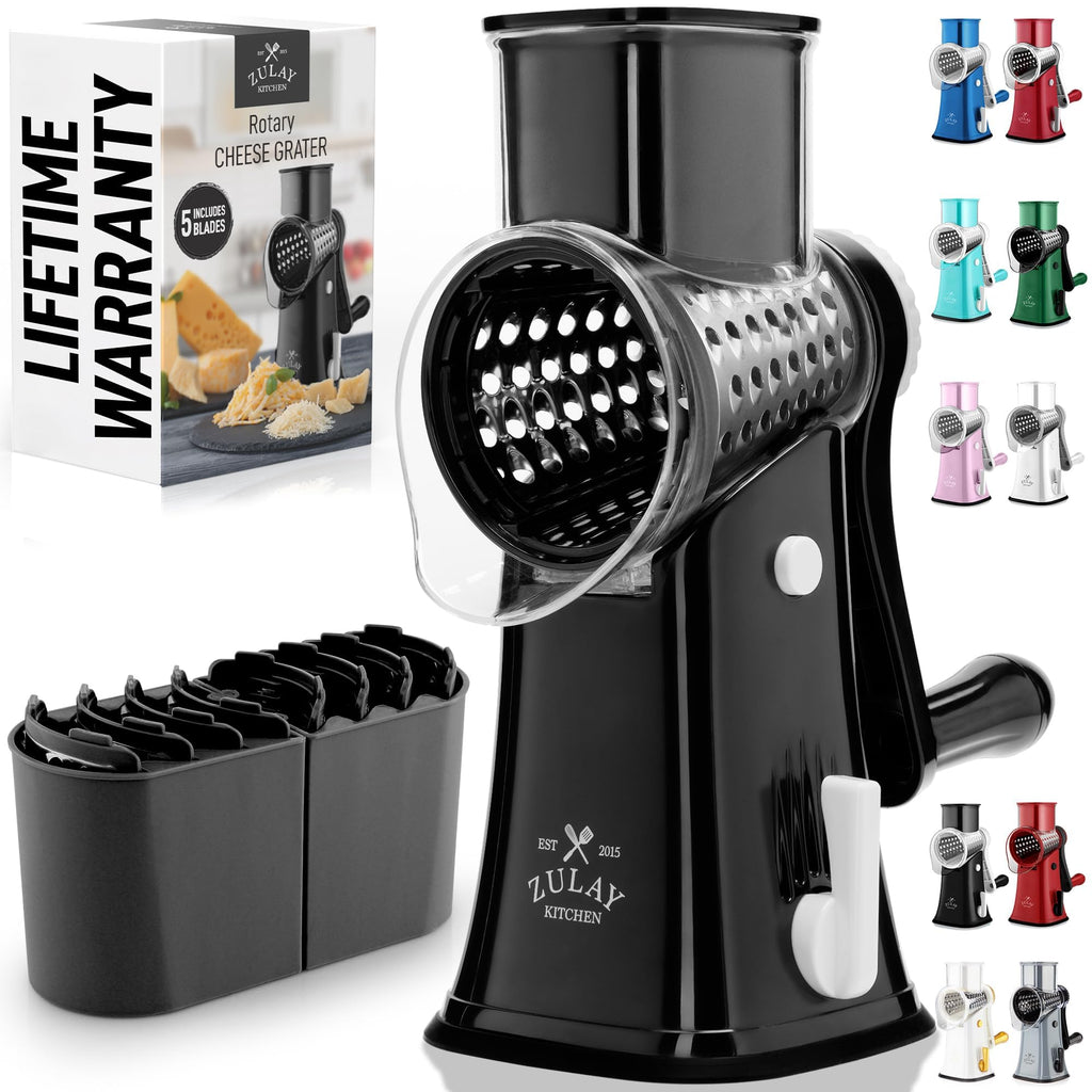 Zulay Kitchen Rotary Cheese Grater 5 Blade Cheese Shredder - Manual Hand Crank Cheese Grater With Reinforced Suction & 5 Interchangeable Drums - Easy to Use, Vegetable Chopper Round Mandoline Slicer