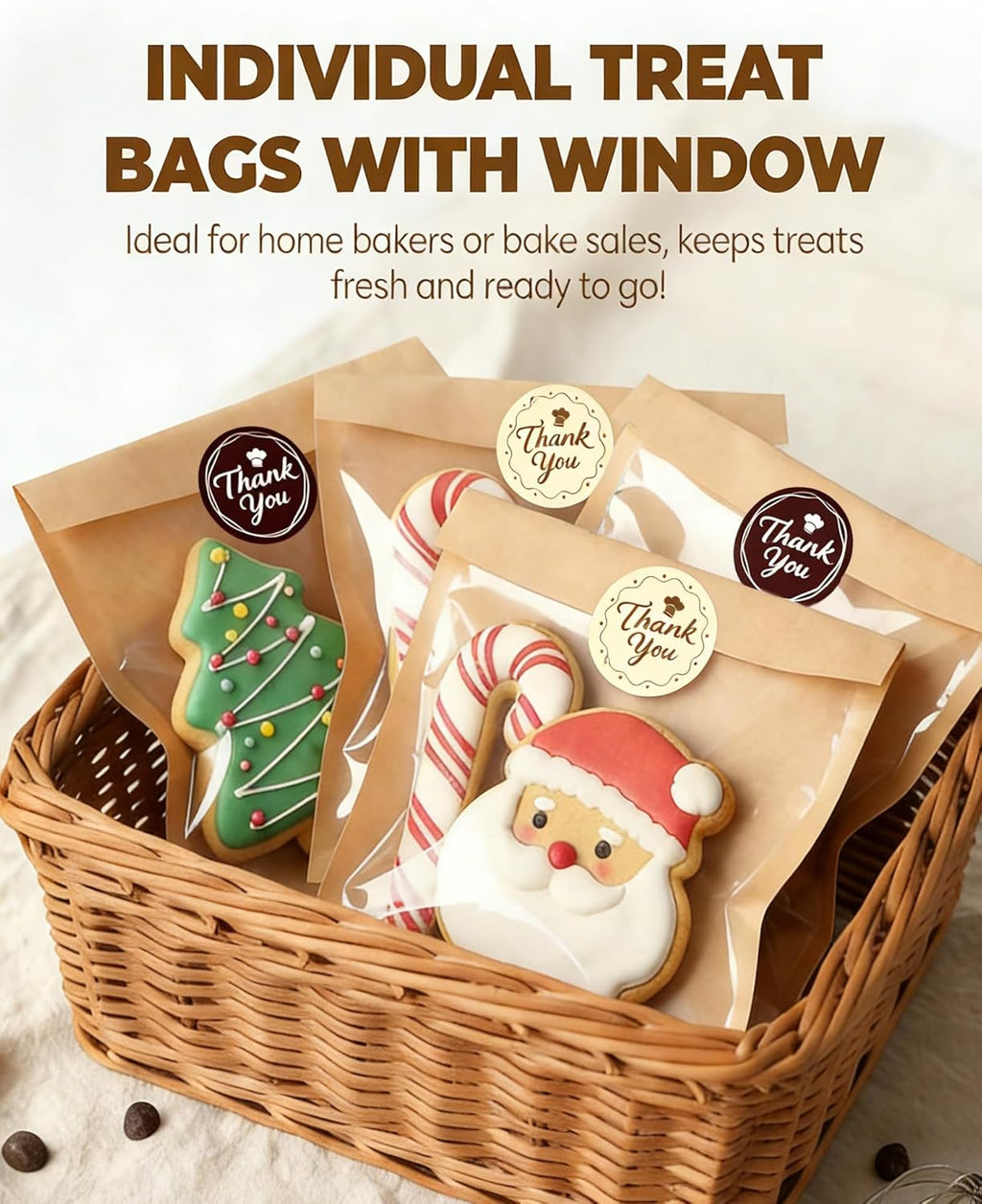 100PCS Cookie Bags with Seal, 5.7x6.5 Inch Individual Cookie Packaging Bags for Gift Giving, Heat Sealable & Grease Proof Bakery Bag with Window, Baked Goods Packaging
