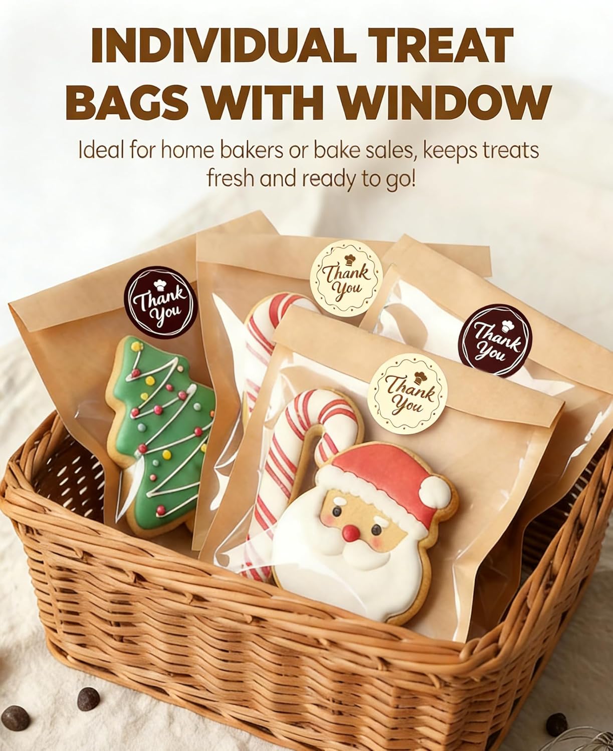 100PCS Cookie Bags with Seal, 5.7x6.5 Inch Individual Cookie Packaging Bags for Gift Giving, Heat Sealable & Grease Proof Bakery Bag with Window, Baked Goods Packaging