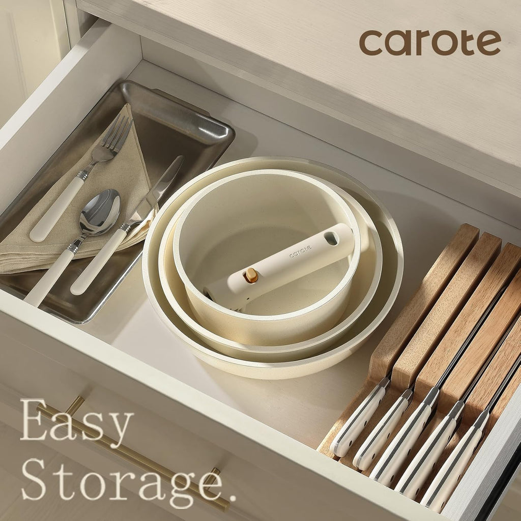 CAROTE 7pcs Pots and Pans Set Non Stick, Cookware Set with Detachable Handle, Kitchen Cookware Sets with Removable Handle, RV Cookware Set, Oven Safe, Cream White