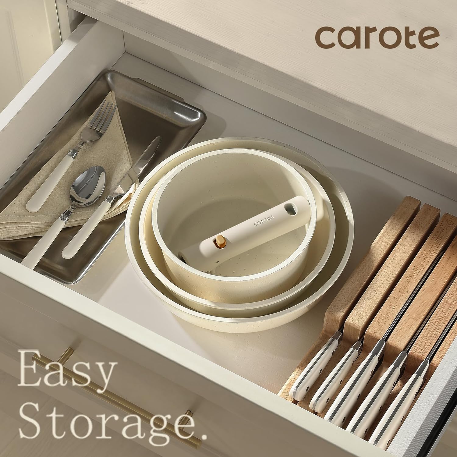 CAROTE 7pcs Pots and Pans Set Non Stick, Cookware Set with Detachable Handle, Kitchen Cookware Sets with Removable Handle, RV Cookware Set, Oven Safe, Cream White