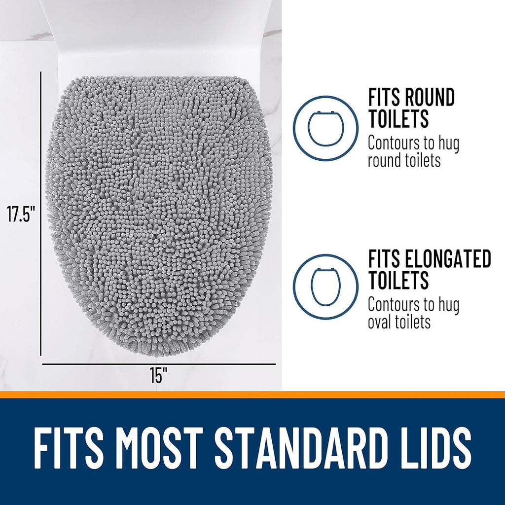 OLANLY Soft Chenille Bathroom Toilet Lid Cover, Machine Washable Seat Covers, 17.5x15, Stays in Place Rubber Backing, Fits Most Round, Elongated and Oblong Lids, Accessories Decor, Gray