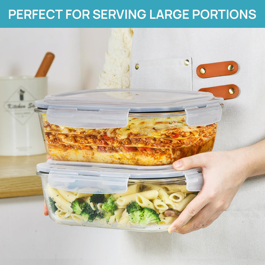 Vtopmart 2Pack 1860ml/63oz Large Glass Storage Containers with Lids, Meal Prep Food Container Set with Snap Airtight Lid for Baking, Microwave, Oven, Leak Proof, for Freezer, Dishwasher, Grey