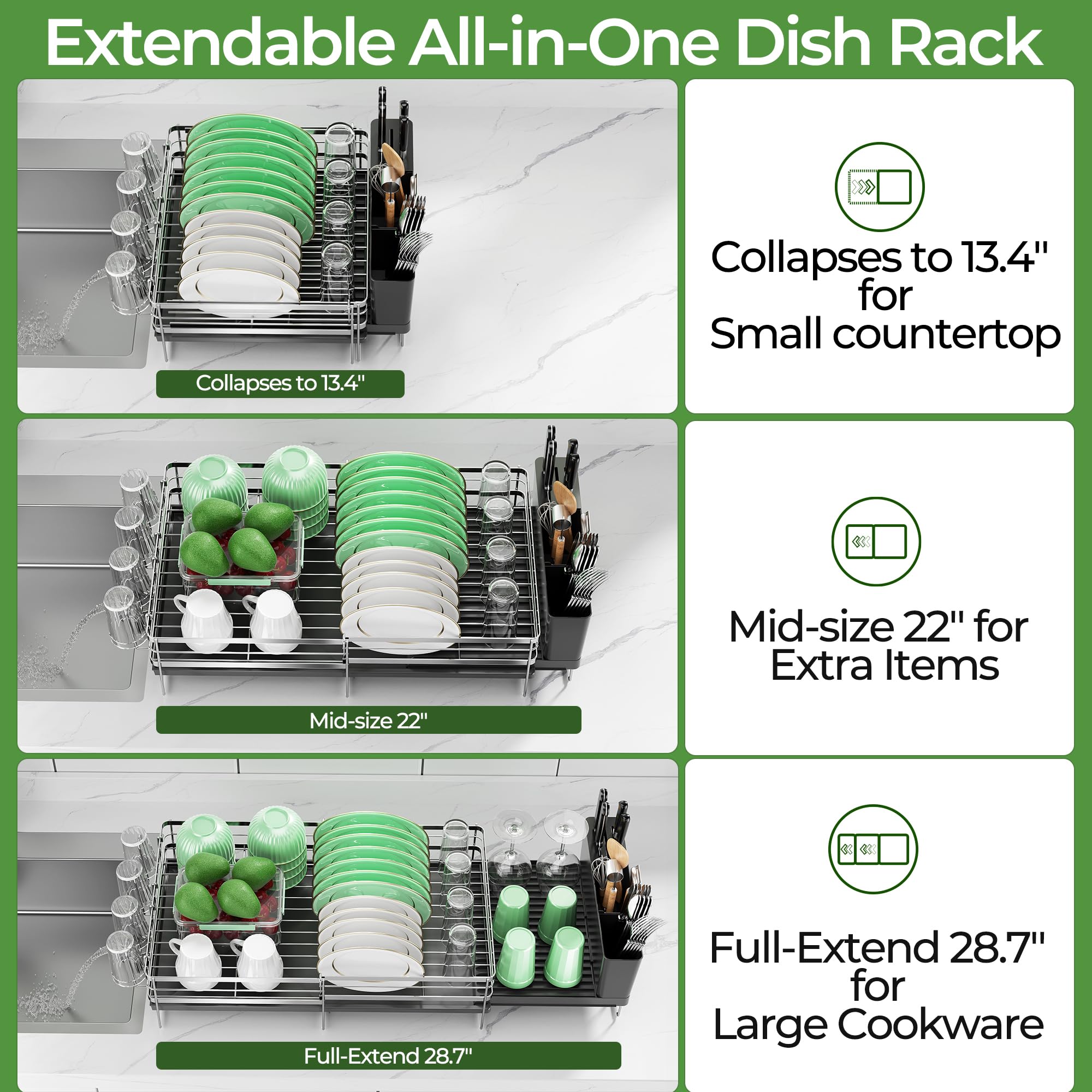Large Dish Drying Rack, Expandable Dish Rack, Stainless Steel Anti-Rust Dish Racks for Kitchen Counter, Multifunctional Dish Drainer with Utensil Holder & Cup Holder, 13.4"-28.7" L x 11.8" W