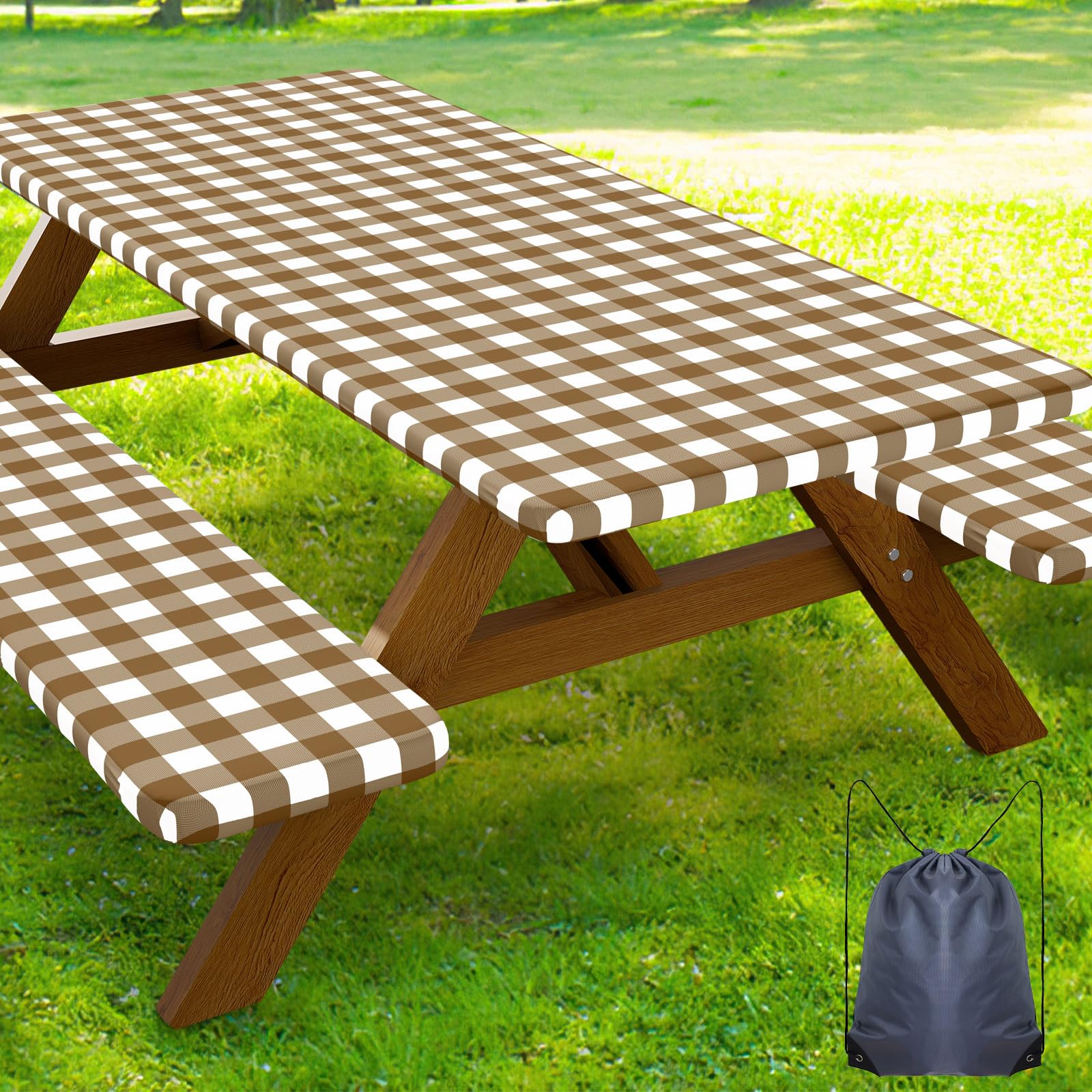 Smiry Picnic Table Cover with Bench Covers, Waterproof Elastic Fitted Tablecloths for 6 Foot Rectangle Tables, Washable Buffalo Plaid Tablecloth for Camping, Outdoor (Black & White, 30"x72")