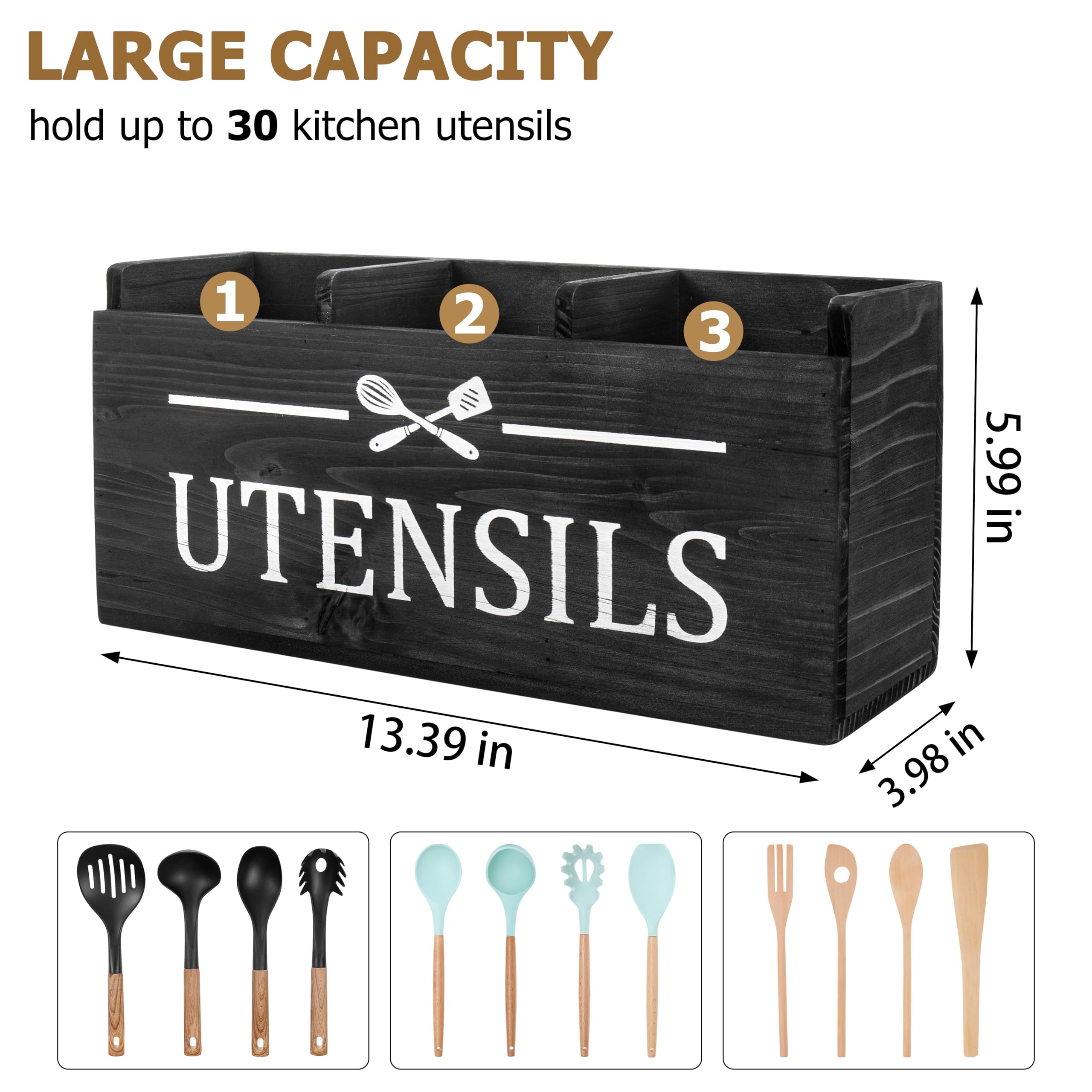 RedCall Wooden Kitchen Utensil Holder for Counter-top,Large Utensil Organizer for Storage Cooking Tool and Silverware,Extra Large Rustic Wood Container (Black)