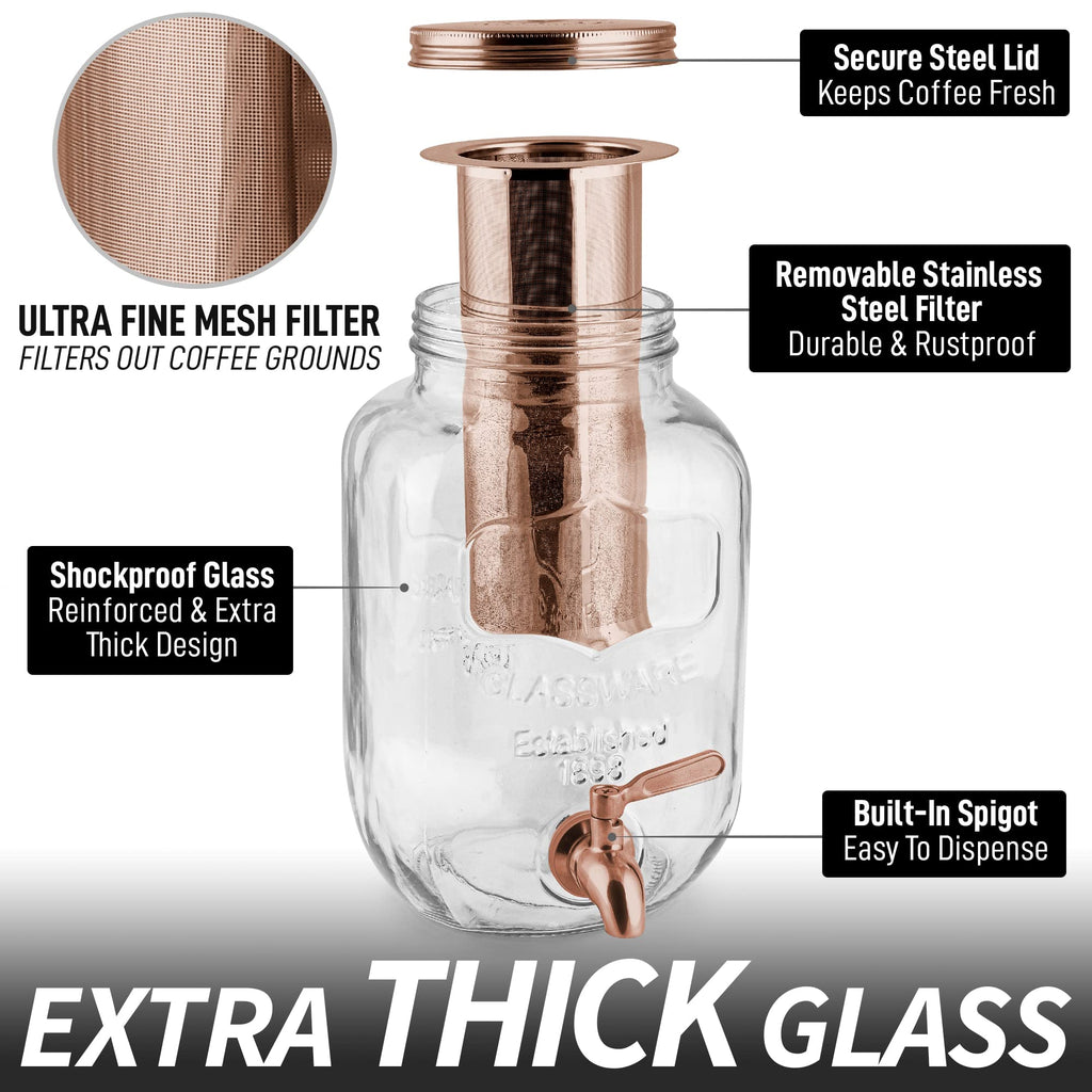 Zulay 1 Gallon/128oz Cold Brew Coffee Maker – Thick Glass Pitcher with Stainless Steel Filter, Lid & Spout – Large Mason Jar Container Dispenser - Iced Coffee & Sun Tea Brewer for Fridge – Silver