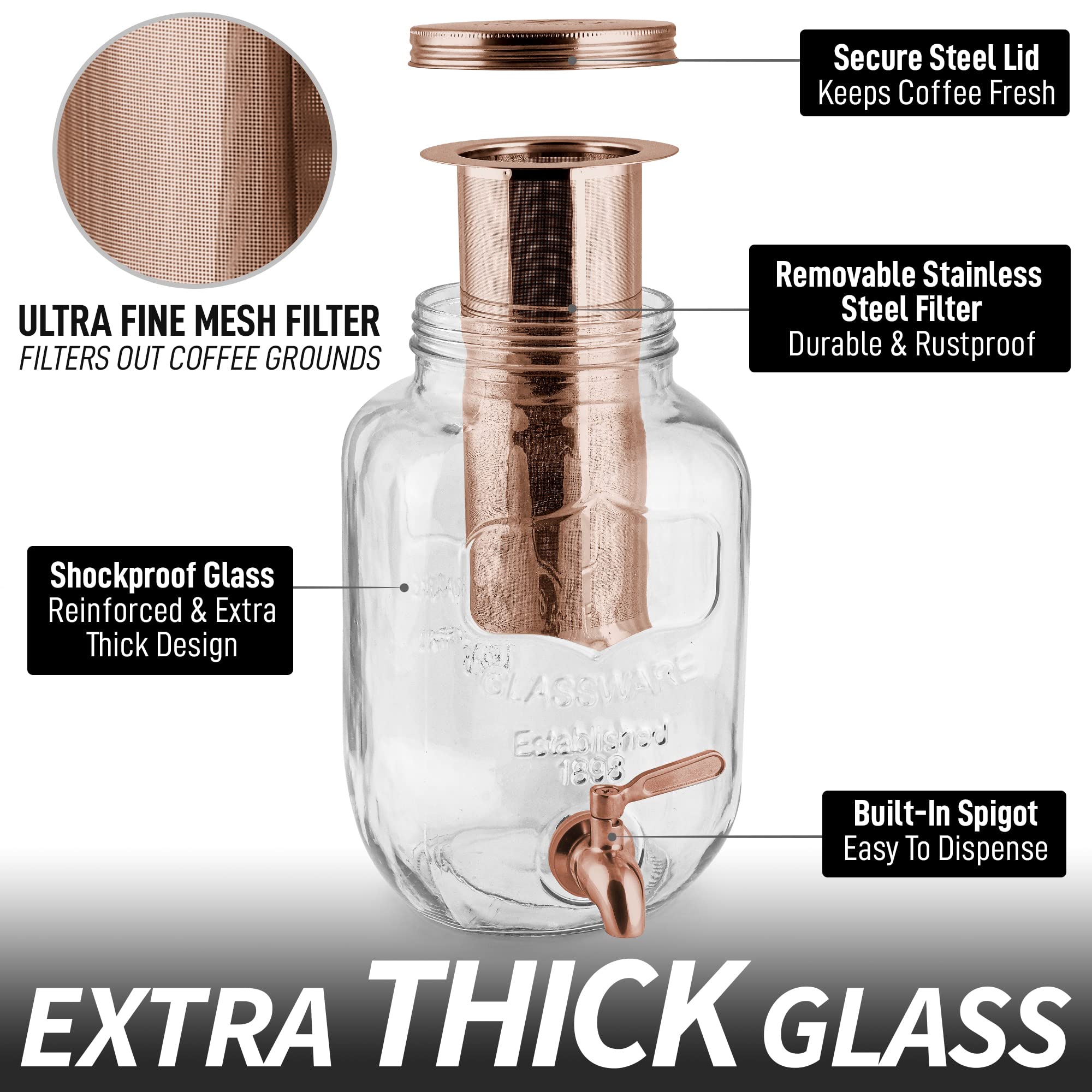 Zulay 1 Gallon/128oz Cold Brew Coffee Maker – Thick Glass Pitcher with Stainless Steel Filter, Lid & Spout – Large Mason Jar Container Dispenser - Iced Coffee & Sun Tea Brewer for Fridge – Silver