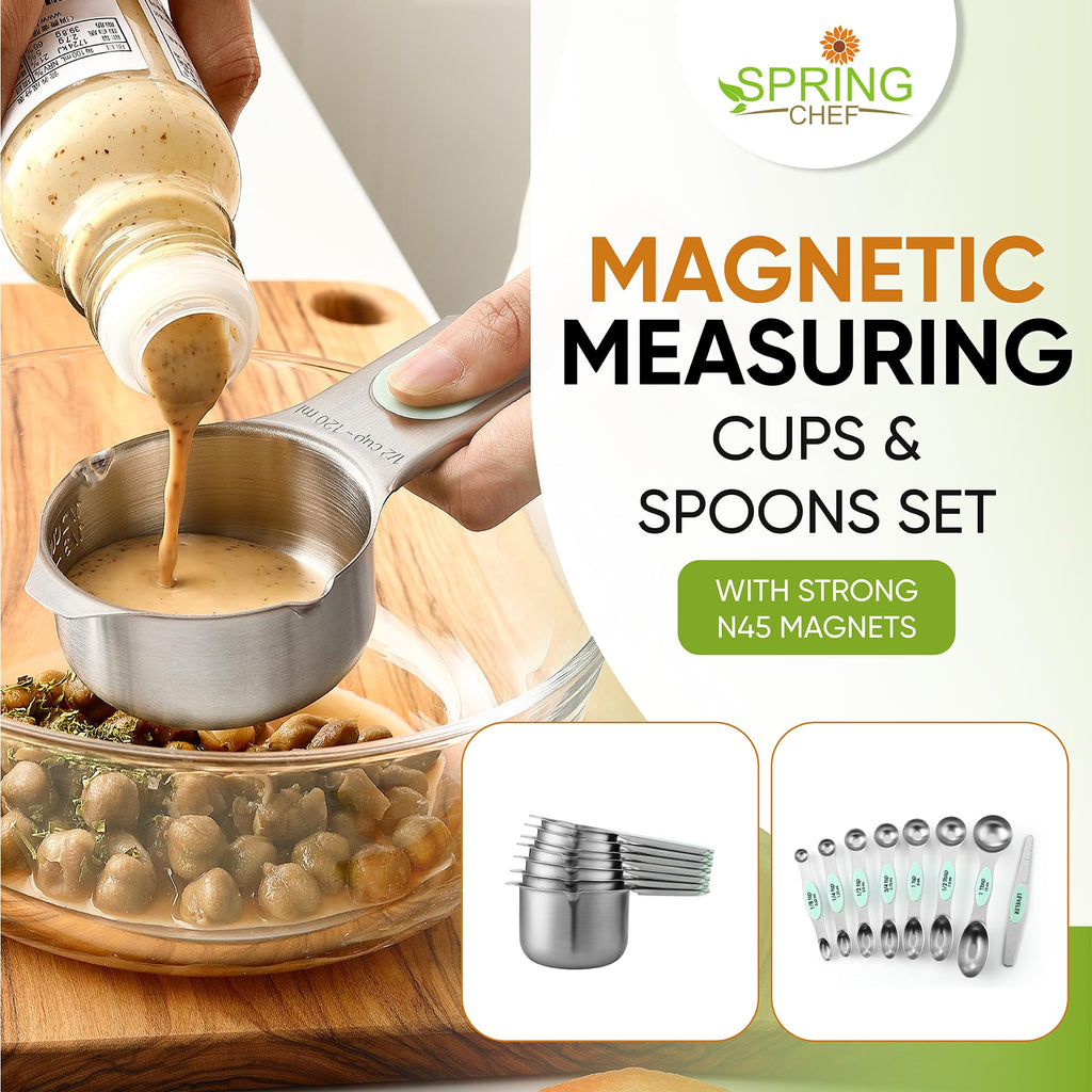 Spring Chef Magnetic Measuring Cups & Spoons Set, Patented, Strong N45 Magnets, Heavy Duty Stainless Steel Fits in Spice Jars for Baking & Cooking, BPA Free, Round Set of 15 with Leveler, Black
