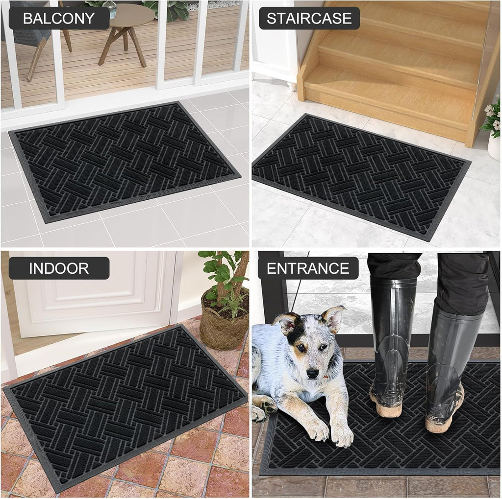OLANLY Indoor Outdoor Mat, Sturdy Natural Rubber Floor Mat, Non Slip Low Profile Waterproof Doormat, and Stain Front Door Mats, Easy Clean Patio Entrance Mat, 30''x17'', Black