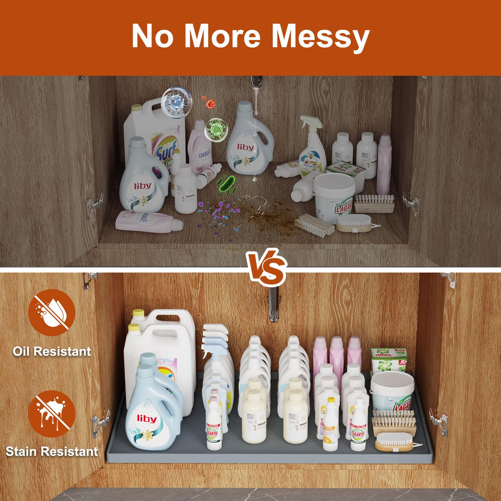 Extra Thick Silicone Mat Waterproof with Raised Edge 34" x 22", Under Sink Mat for Kitchen & Bathroom, Kitchen Cabinet Liner, Multi-Purpose for Storage & Protection, Gray