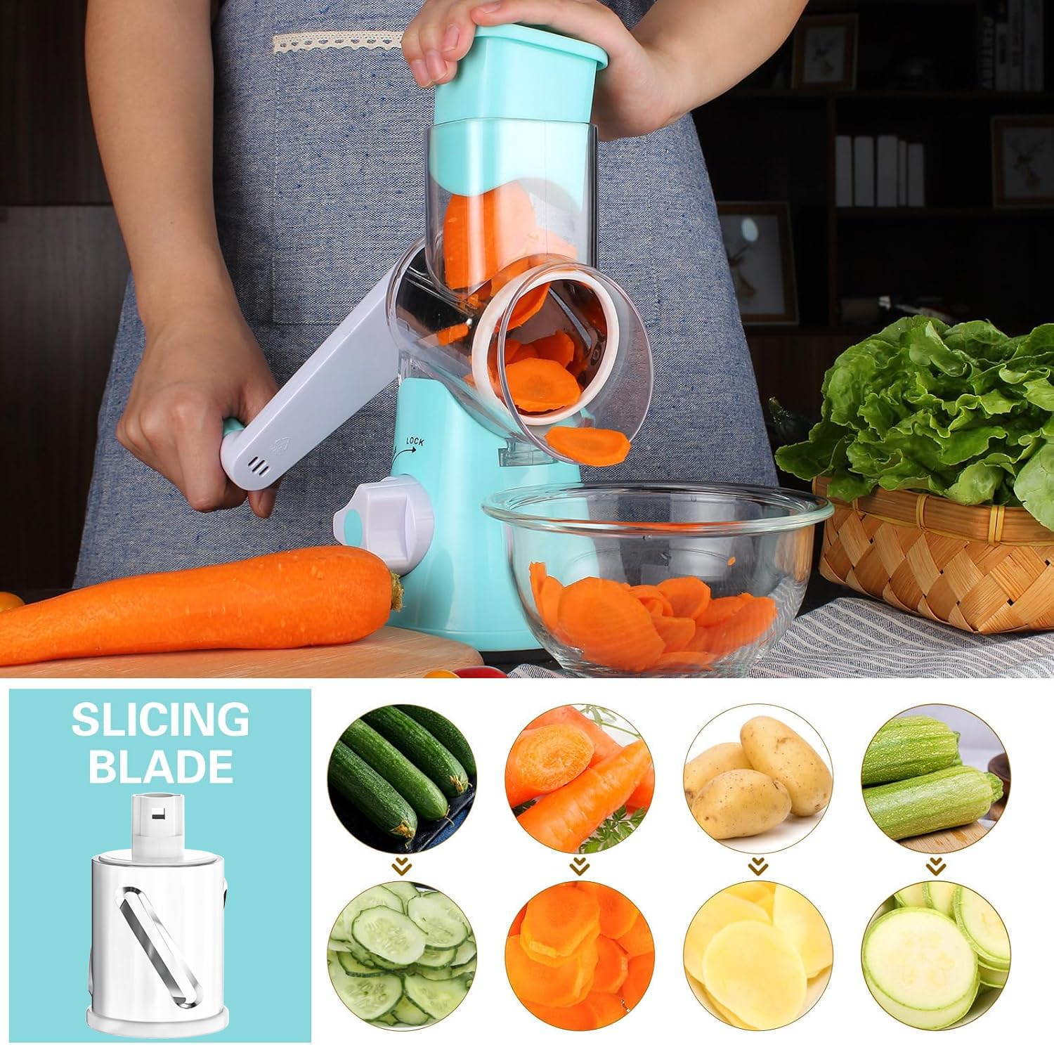 Cambom 5 in 1 Rotary Cheese Grater Hand Crank Cheese Shredder for Fresh Cheese, Vegetable, Nuts,Non-slip Suction Base, Black