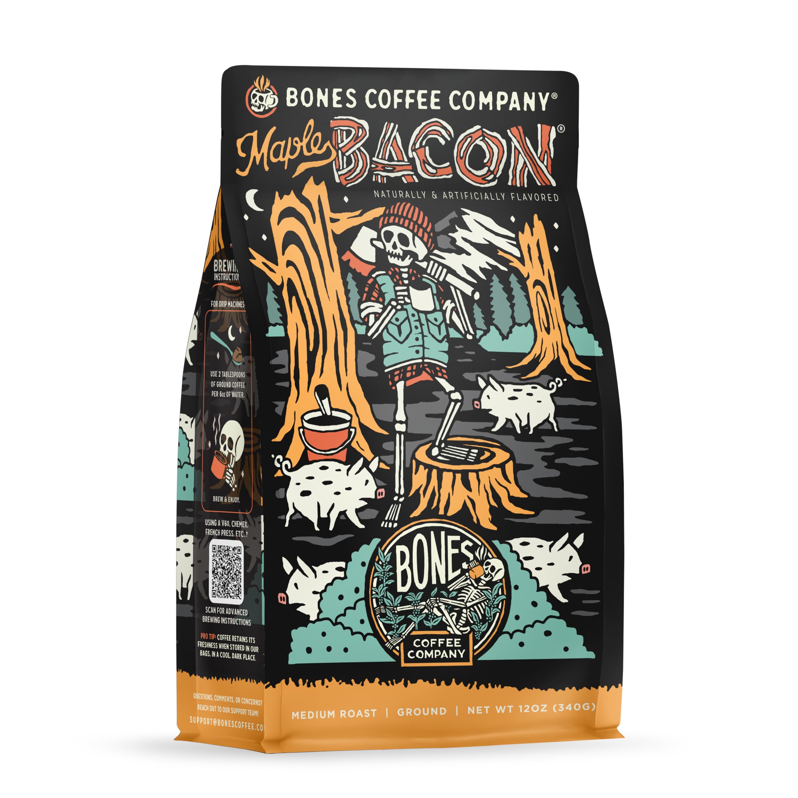 Bones Coffee Company Highland Grog, Butterscotch Caramel Flavored Coffee, Medium Roast Low Acid Arabica Beans Compatible with Auto drip and French Press Coffee Maker, 12 Oz Ground