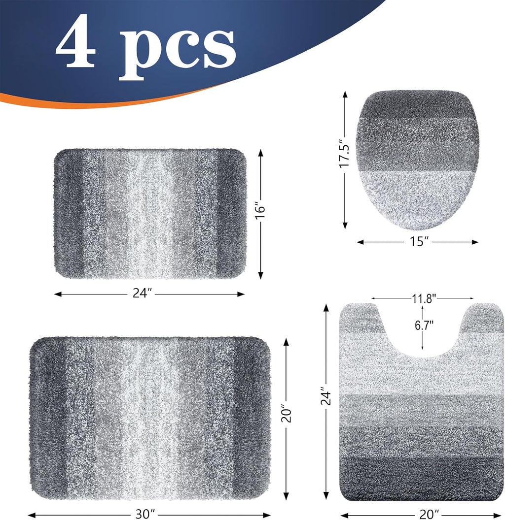 OLANLY Bathroom Rugs Sets 4 Piece, Soft Microfiber Absorbent Bath Mat, U-Shaped Contour Toilet Mat and Toilet Lid Cover, Quick Dry, Machine Washable, Toilet Cover and Rug Set for Bathroom, Grey