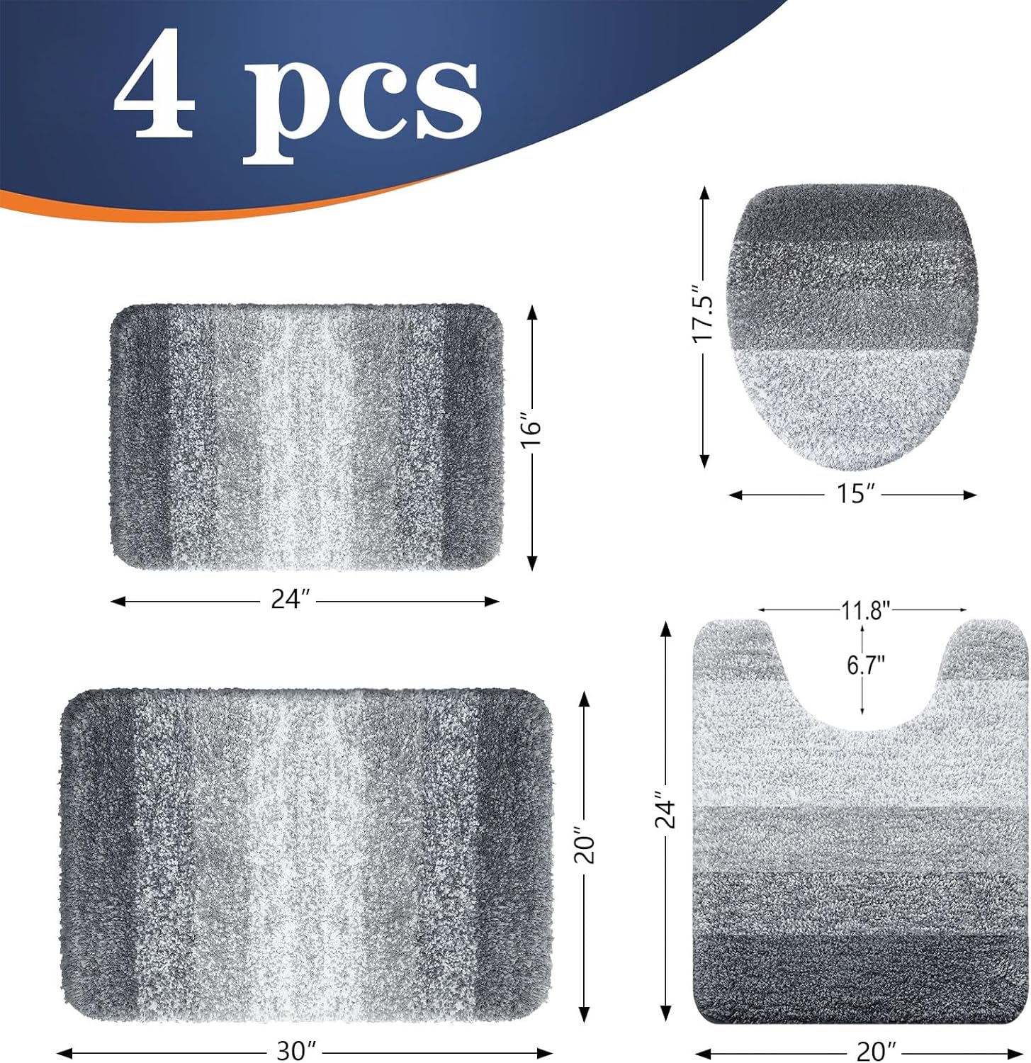 OLANLY Bathroom Rugs Sets 4 Piece, Soft Microfiber Absorbent Bath Mat, U-Shaped Contour Toilet Mat and Toilet Lid Cover, Quick Dry, Machine Washable, Toilet Cover and Rug Set for Bathroom, Grey