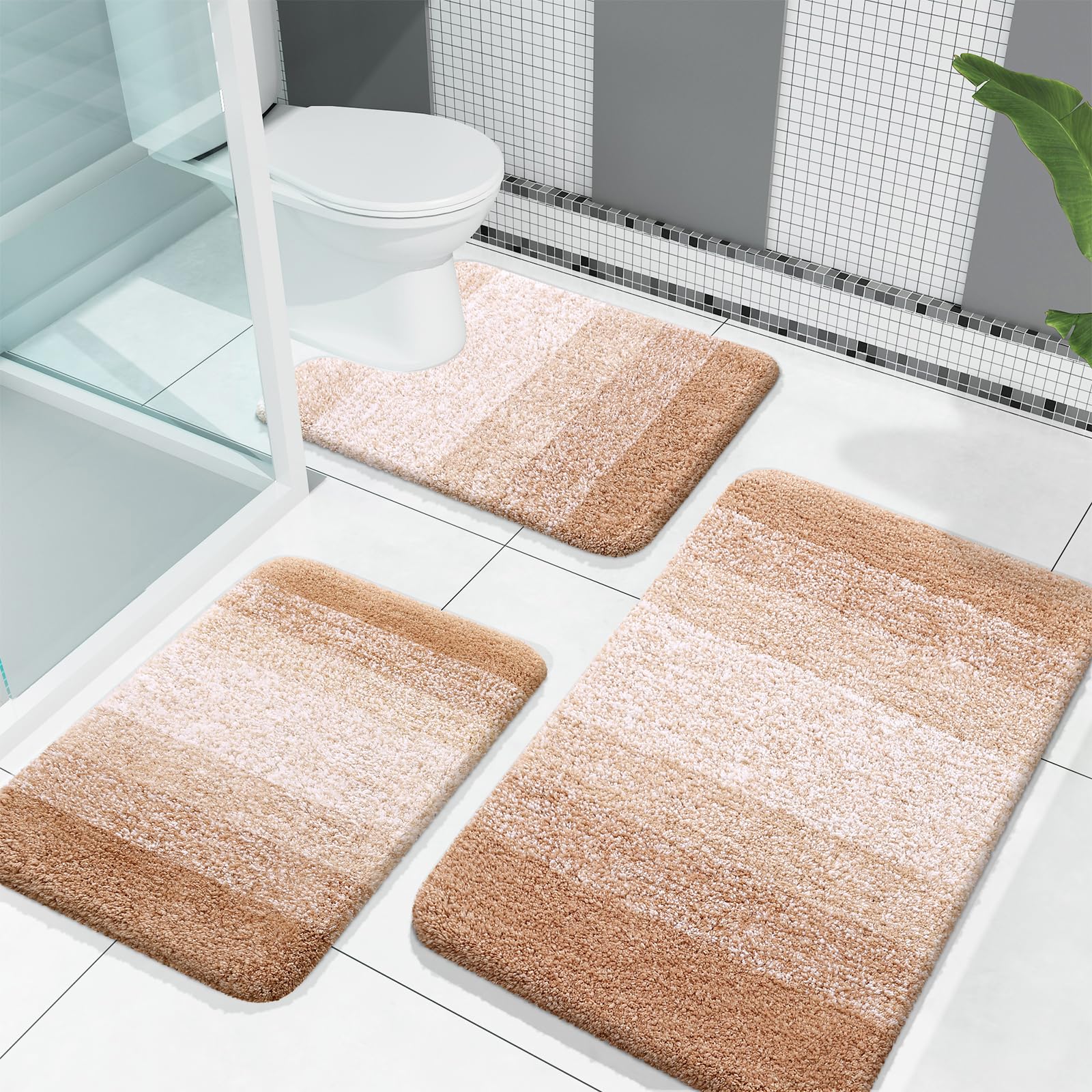 OLANLY Bathroom Rugs Sets 3 Piece, Soft Absorbent Microfiber Bath Mats and U-Shaped Contour Toilet Rug, Machine Wash Dry, Plush Shaggy Bath Mat Set for Bathroom (30"x20"+24"x16"+24"x20", Grey)