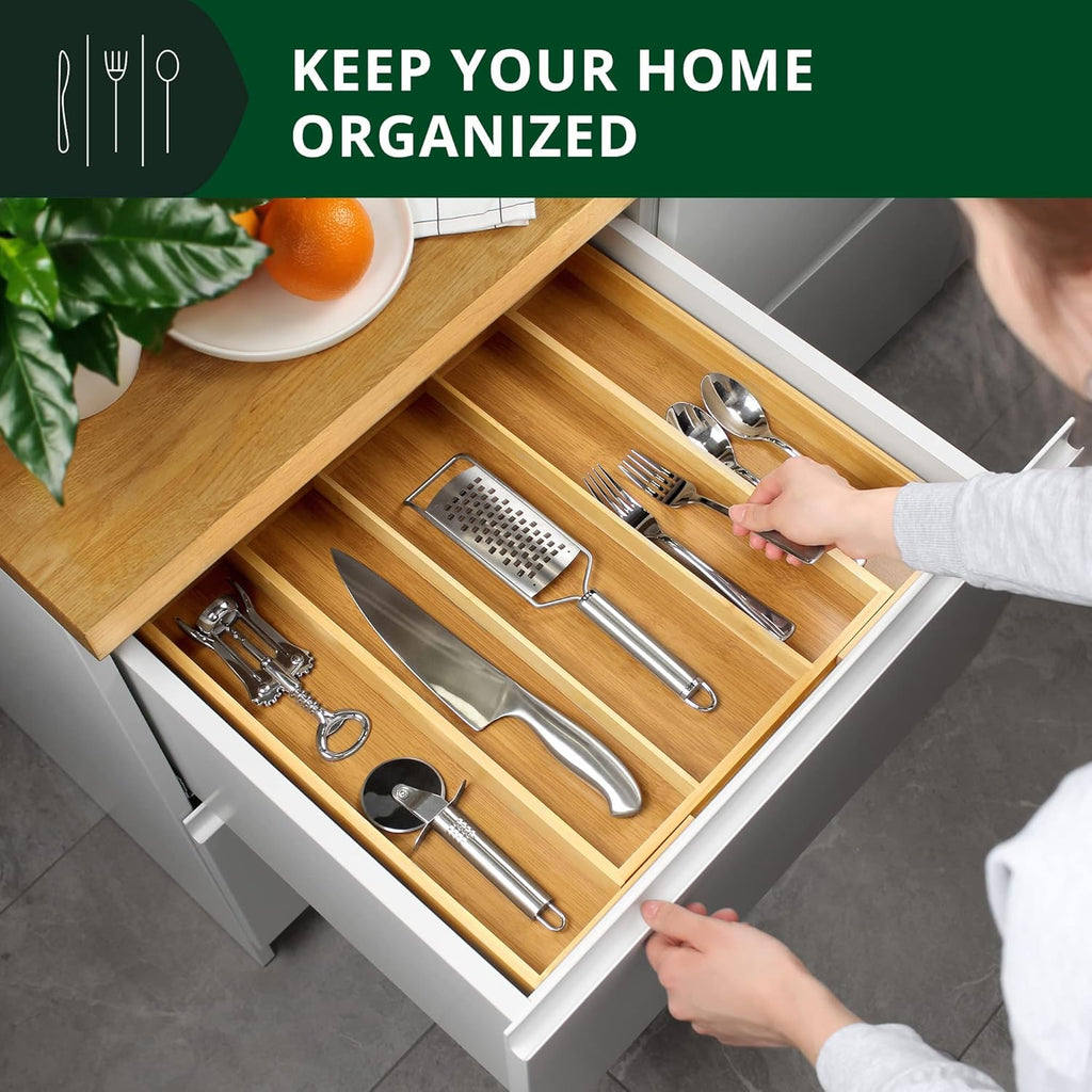 ROYAL CRAFT WOOD Luxury Bamboo Kitchen Drawer Organizer - Silverware Organizer - Utensil Holder and Cutlery Tray with Grooved Drawer Dividers for Flatware and Kitchen Utensils