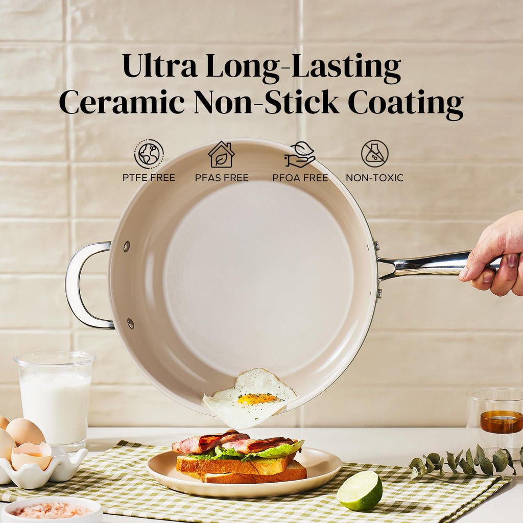Redchef Ceramic Saute Pan with Lid, Nonstick Deep Frying Pan, 5QT Jumbo Cooker with Helper Handle & Lid, Non Toxic Ceramic Cooking Pan, Chef Pan, Dishwasher & Oven Safe, PFAS PFOA & PTFE Free