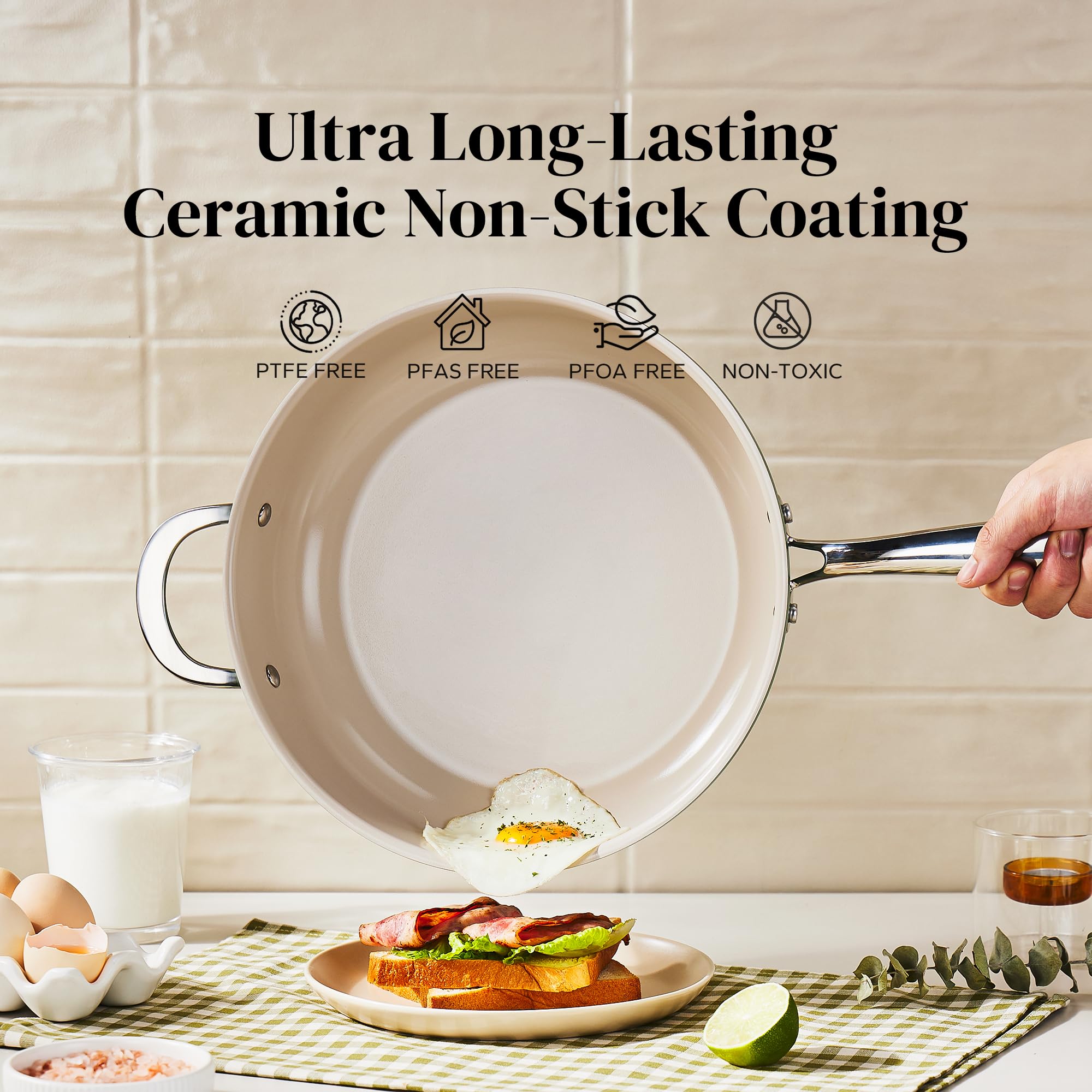 Redchef Ceramic Saute Pan with Lid, Nonstick Deep Frying Pan, 5QT Jumbo Cooker with Helper Handle & Lid, Non Toxic Ceramic Cooking Pan, Chef Pan, Dishwasher & Oven Safe, PFAS PFOA & PTFE Free