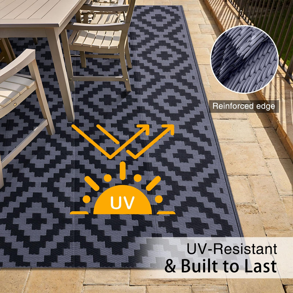 OLANLY Waterproof Outdoor Rug 5x8 ft, Outdoor Plastic Straw Rug for Camping, RV Mat Outside, Indoor Outdoor Carpet for Porch, Deck, Backyard, Balcony, Picnic, Black & White