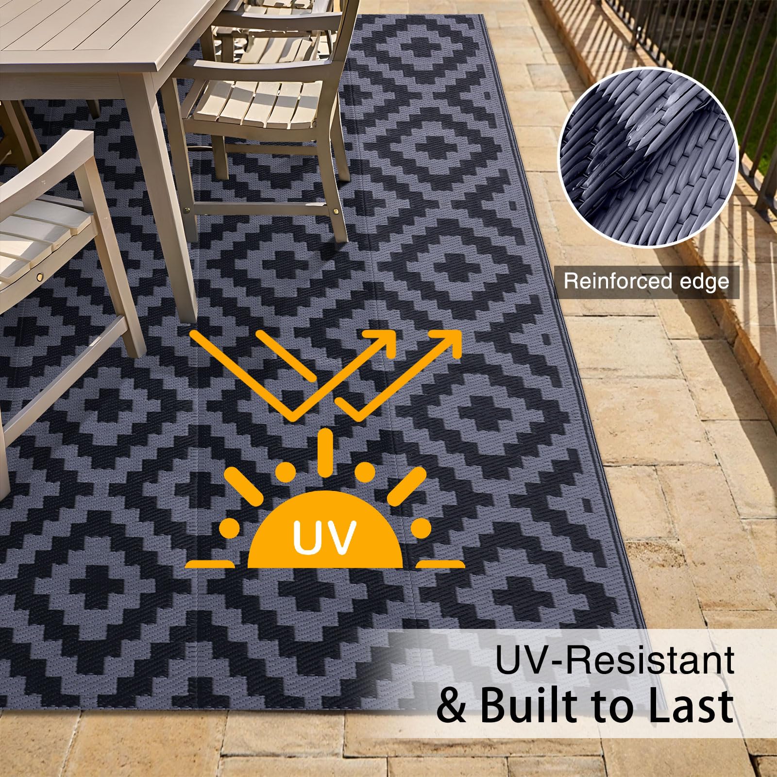 OLANLY Waterproof Outdoor Rug 5x8 ft, Outdoor Plastic Straw Rug for Camping, RV Mat Outside, Indoor Outdoor Carpet for Porch, Deck, Backyard, Balcony, Picnic, Black & White