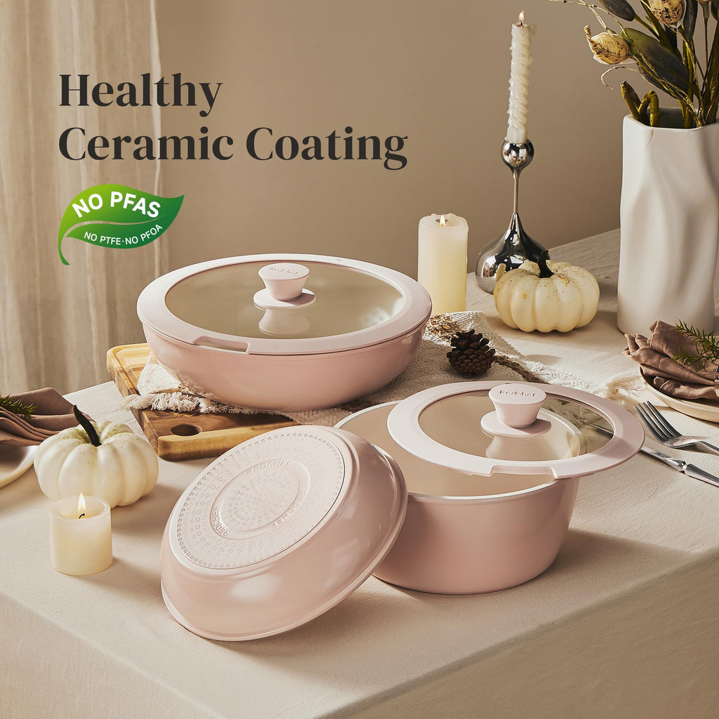Redchef Ceramic Pots and Pans Set, Nonstick Kitchen Cookware Set with Detachable Handle, Non Toxic Cookware Set 16pcs, PFAS PFOA & PTFE Free, RV Ceramic Cookware for Camping, Dishwasher/Oven Safe