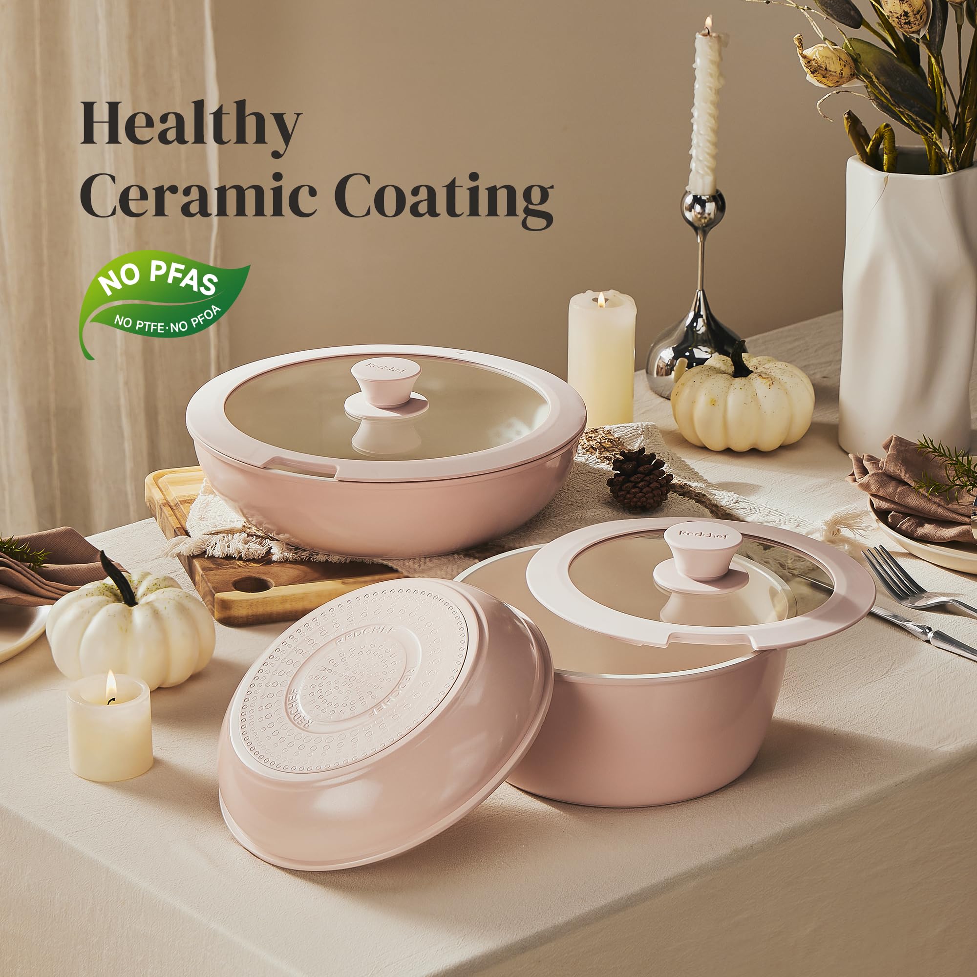 Redchef Ceramic Pots and Pans Set, Nonstick Kitchen Cookware Set with Detachable Handle, Non Toxic Cookware Set 16pcs, PFAS PFOA & PTFE Free, RV Ceramic Cookware for Camping, Dishwasher/Oven Safe