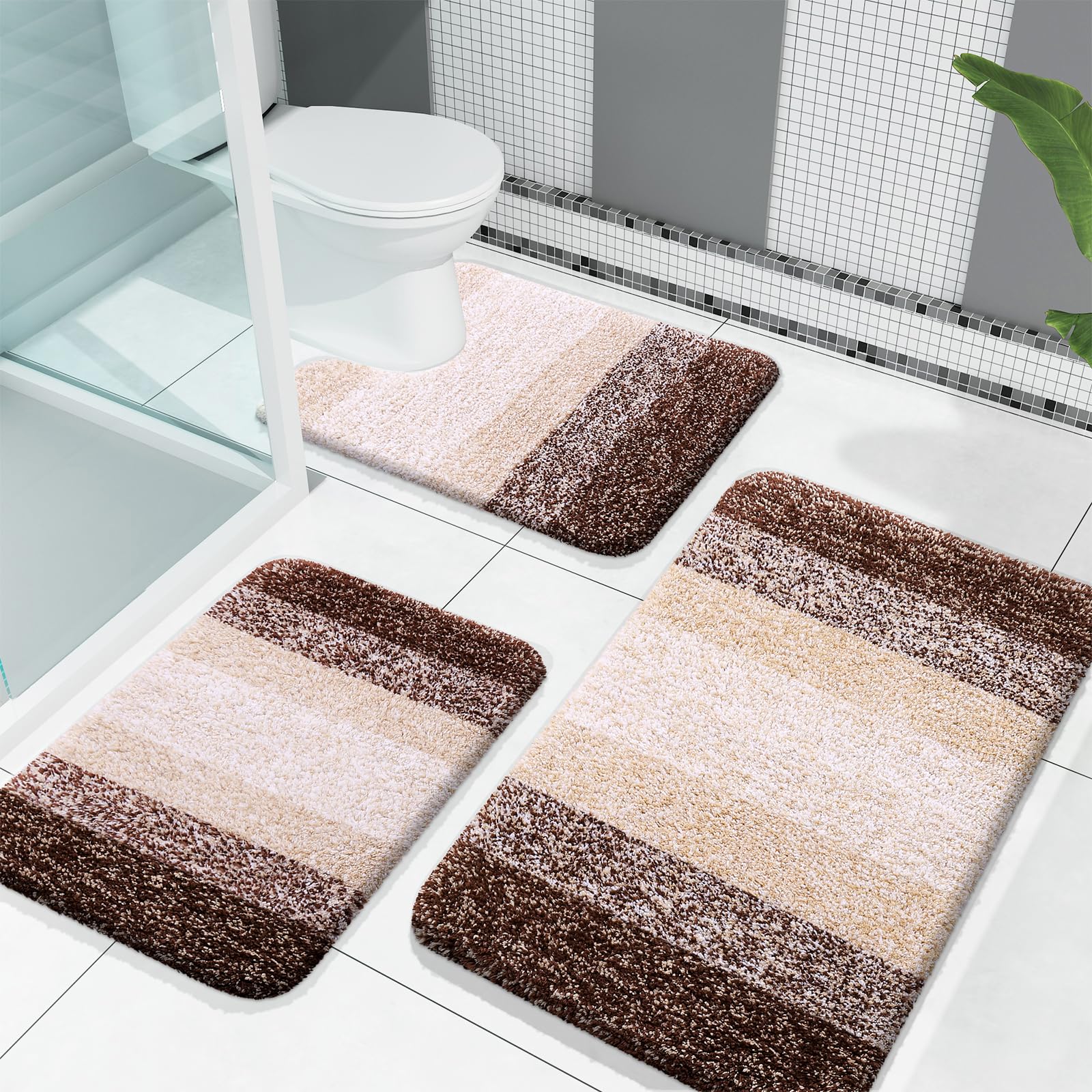 OLANLY Bathroom Rugs Sets 3 Piece, Soft Absorbent Microfiber Bath Mats and U-Shaped Contour Toilet Rug, Machine Wash Dry, Plush Shaggy Bath Mat Set for Bathroom (30"x20"+24"x16"+24"x20", Grey)