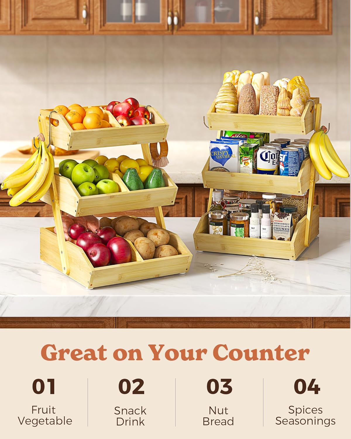 3 Tier Wooden Fruit Basket with 2 Mobile Banana Holders, 3 Pack L-Shaped Pull Out Under Sink Organizers