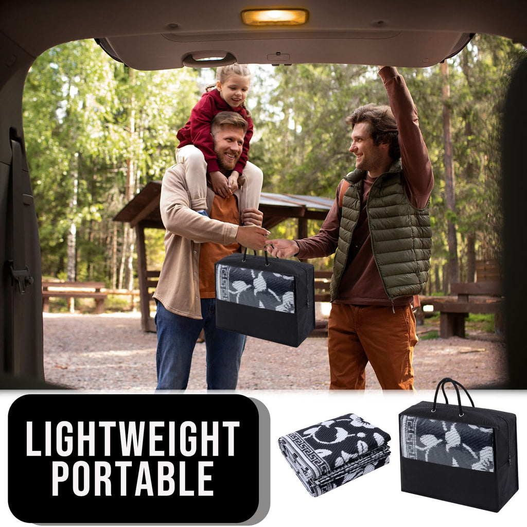 OLANLY Waterproof Outdoor Rug 5x8 ft, Outdoor Plastic Straw Rug with Flower Pattern, Reversible RV Mat for Patio, Camping, Balcony, Deck, Backyard, Navy & White