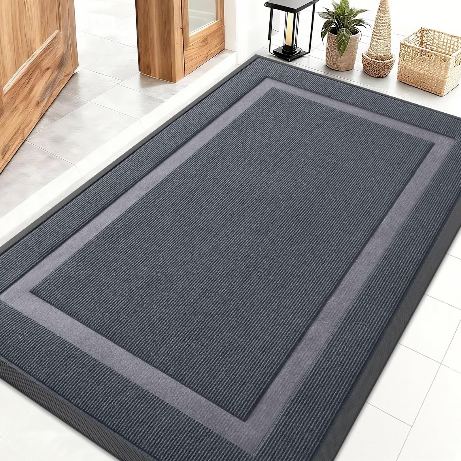 OLANLY Front Door Mat Indoor Outdoor Entrance, Waterproof All-Season, All-Weather Doormat, Sturdy Natural Rubber, Fade Resistant, Low Profile, Easy Clean Patio Porch Entryway Mat, 29.5x17, Black