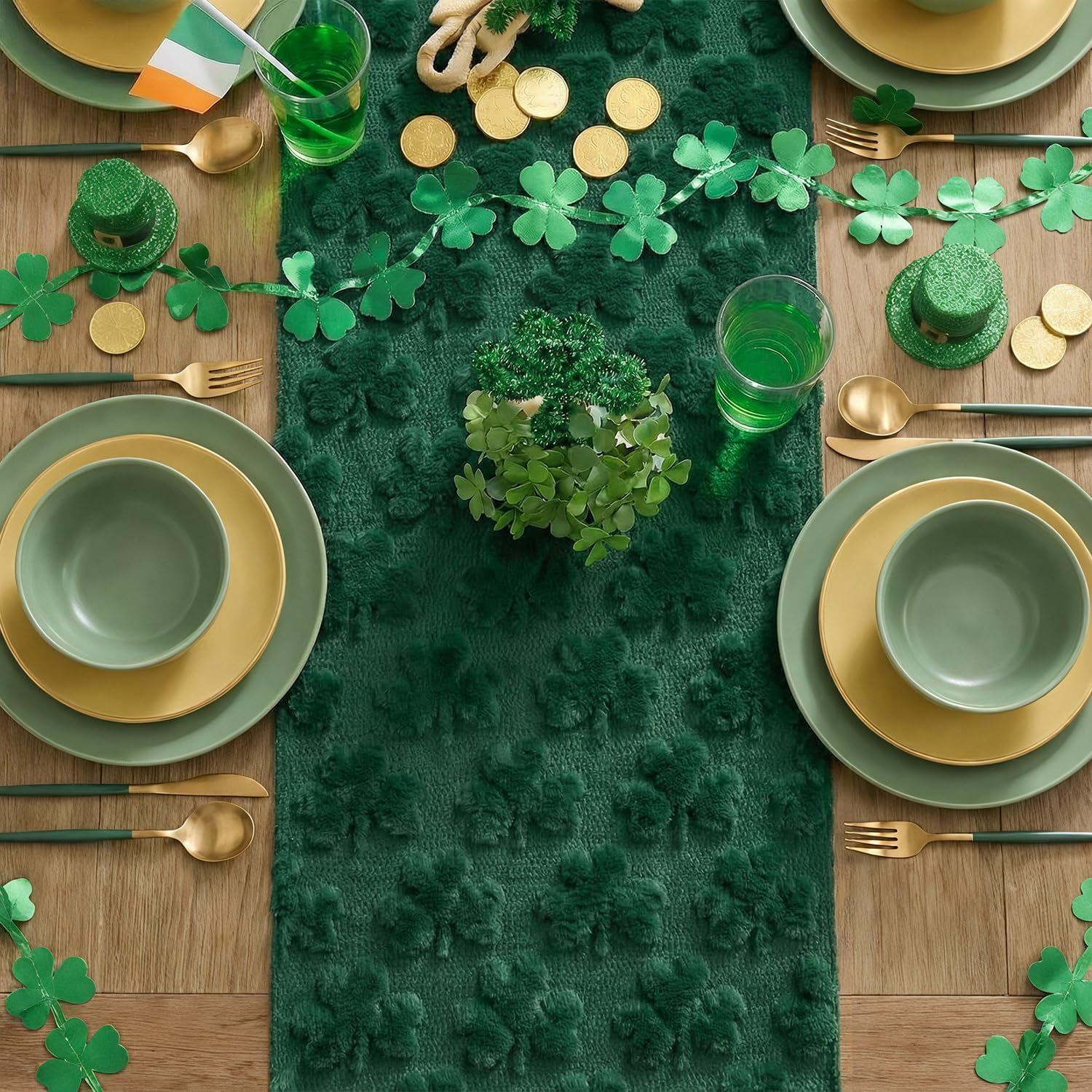 Artoid Mode Green Soft Plush Faux Fur Jacquard Lucky Clover St. Patrick's Day Table Runner, Seasonal Spring Kitchen Dining Table Decoration for Home Party Decor 13x72 Inch