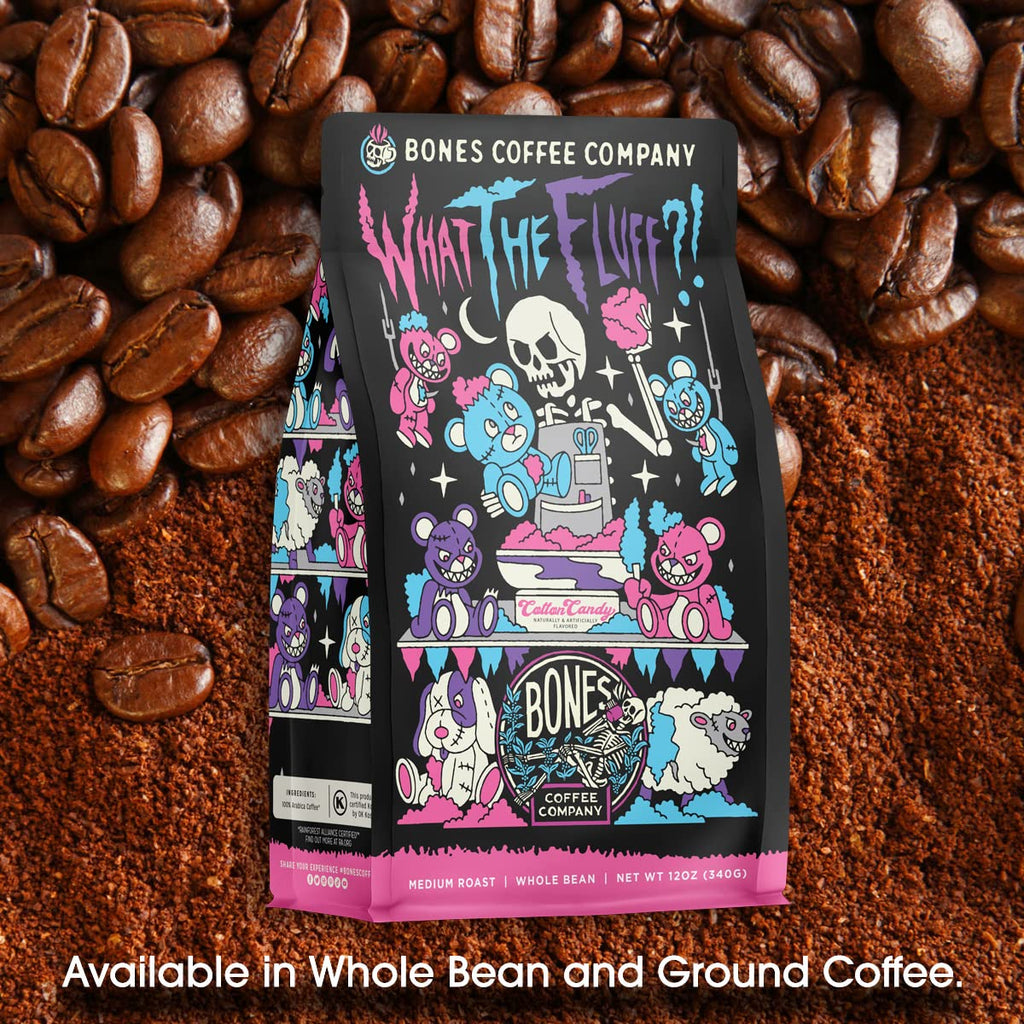 Bones Coffee Company Highland Grog, Butterscotch Caramel Flavored Coffee, Medium Roast Low Acid Arabica Beans Compatible with Auto drip and French Press Coffee Maker, 12 Oz Ground