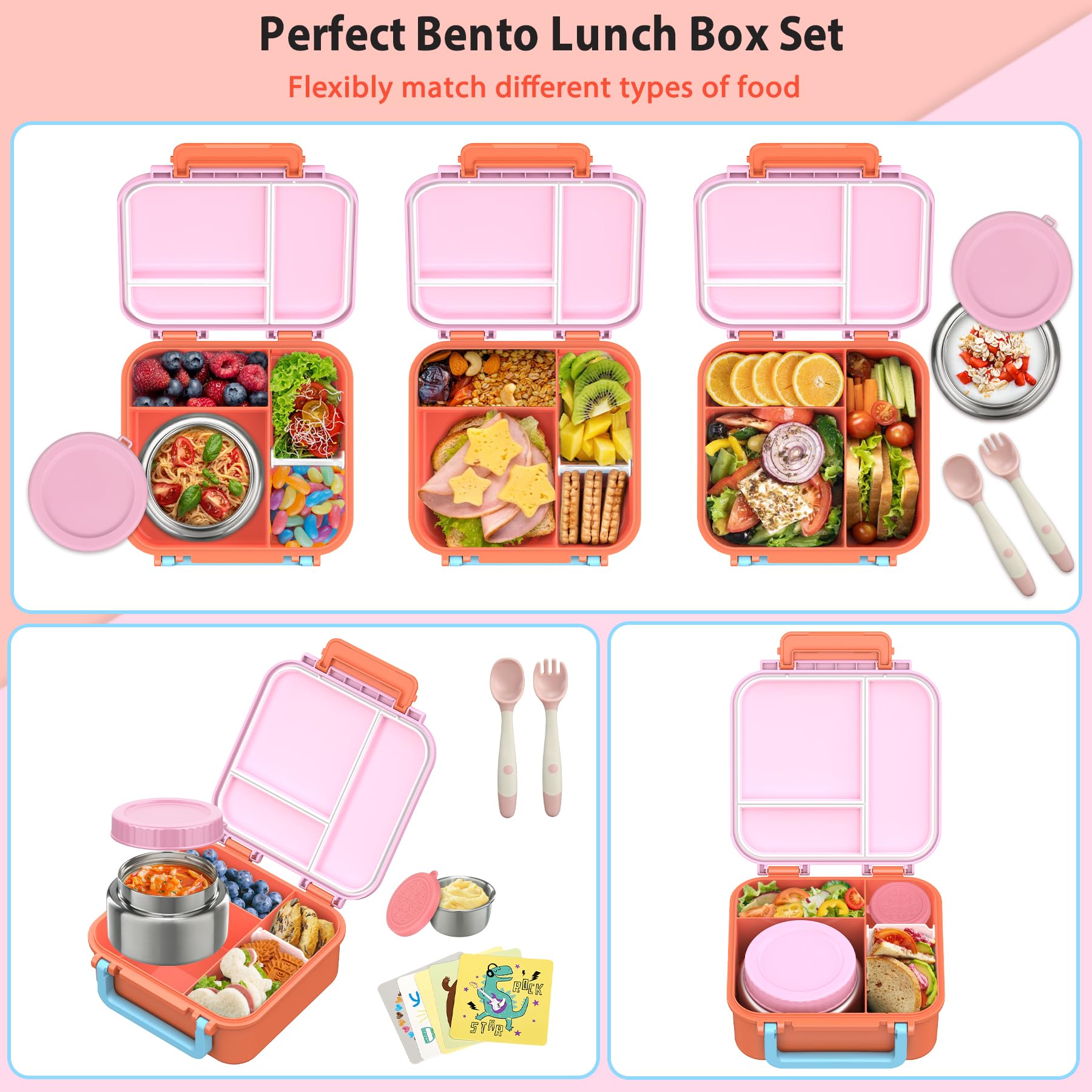 Kids Bento Lunch Box with 9oz Soup Thermo Leakproof Lunch Food Containers 4 Compartment with Insulated Hot Food Jar for Kid Toddler Girls Boys to School Trvael